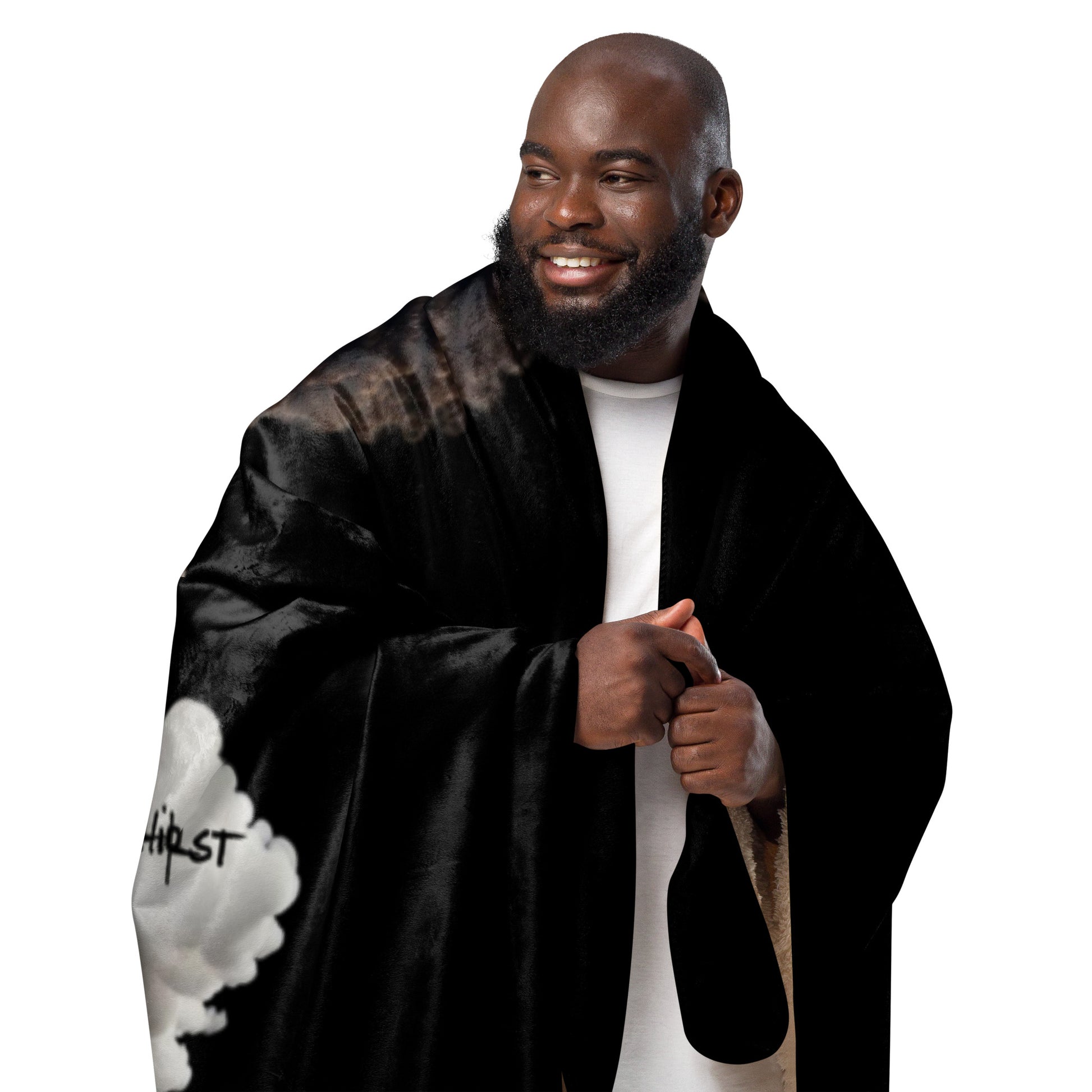 Smiling man wrapped in a black and tan Sherpa Blanket – High on Christ with faith-inspired design, showcasing cozy home decor perfect for inspirational gifts.