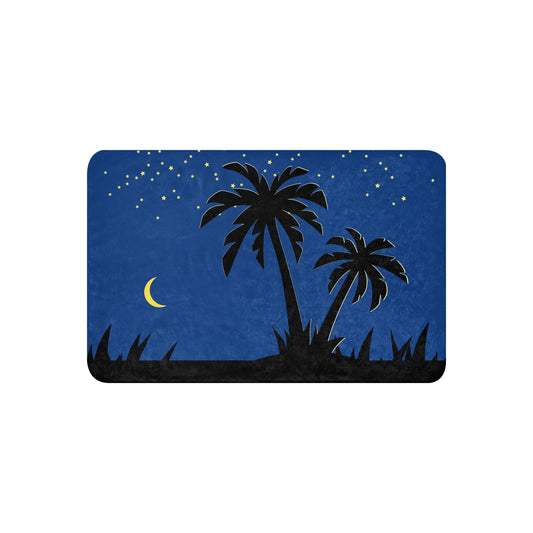 Sherpa Blanket – Tropical Skies featuring a night scene with silhouetted palm trees under a crescent moon and starry sky in deep blue tones, cozy and decorative.
