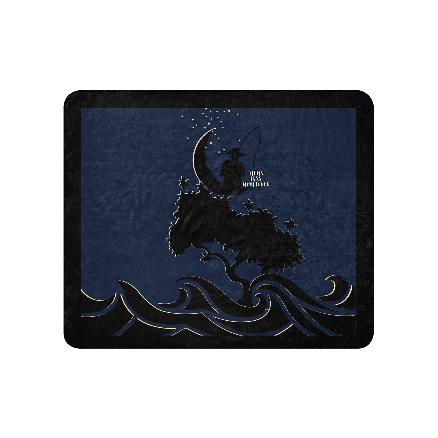 Sherpa Blanket – Moonlit Elder featuring a dark blue background with stylized golden waves, silhouetted palm trees, and a crescent moon with a figure fishing beneath starry sky.