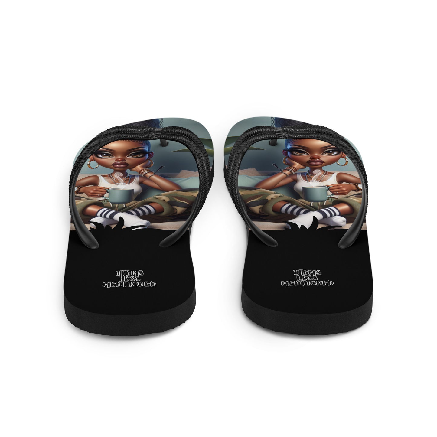 Pair of Couch Attitude Flip-Flops featuring a vibrant design of a confident Black woman with melanin-rich imagery, perfect for faith-inspired apparel and purpose-driven messaging.