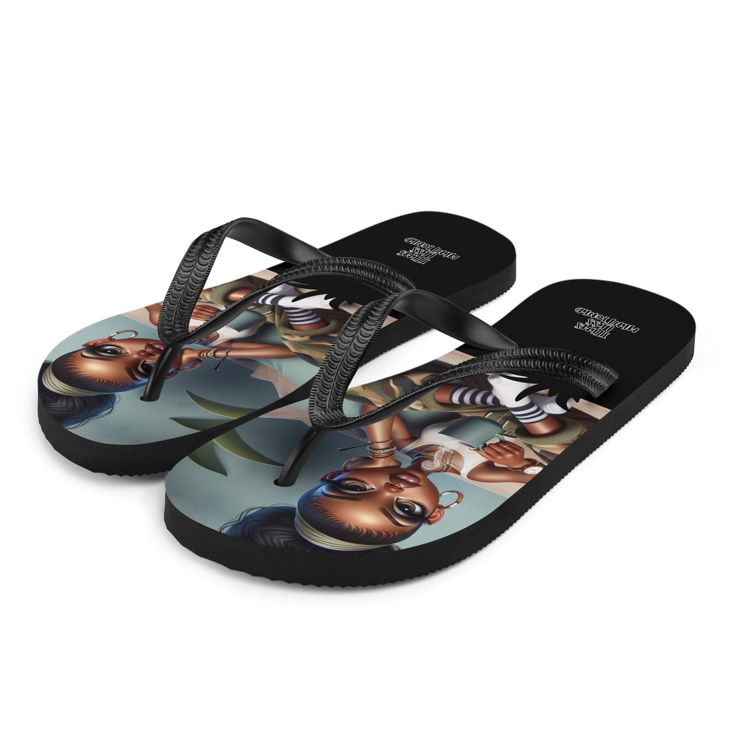 Pair of Couch Attitude Flip-Flops featuring melanin-rich artwork of a confident Black woman with stylish accessories, perfect for faith-inspired apparel and purpose-driven messaging.