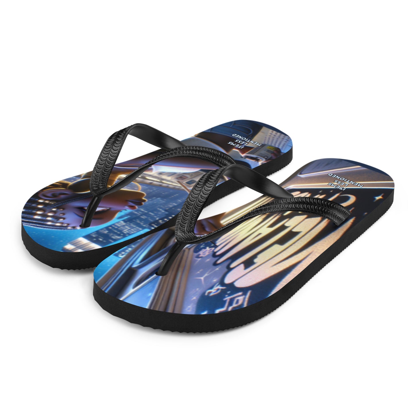 Pair of Flip-Flops – Melanin Made Graffiti with black straps and vibrant urban graffiti design, featuring melanin-rich imagery and faith-inspired purpose-driven messaging.