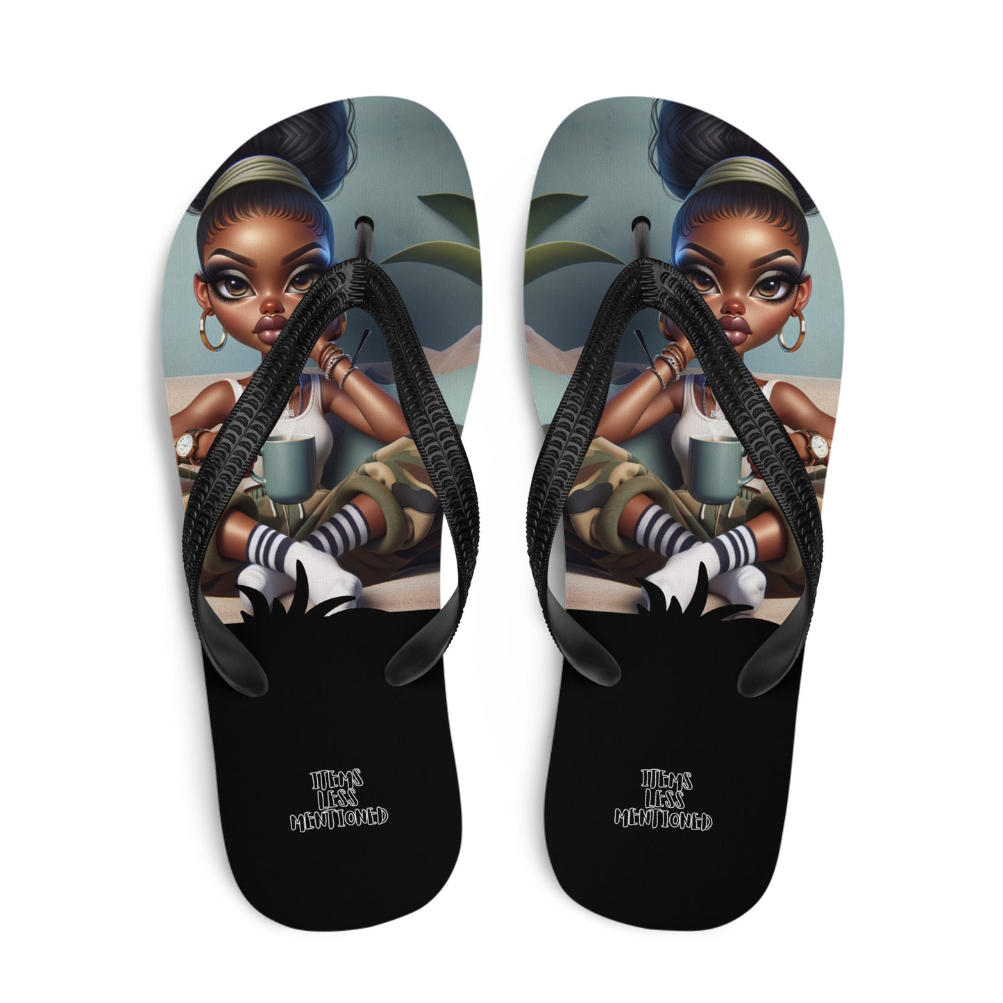 Couch Attitude Flip-Flops featuring faith-inspired art of a stylish Black woman with melanin-rich imagery, combining purpose-driven messaging and comfortable wear.