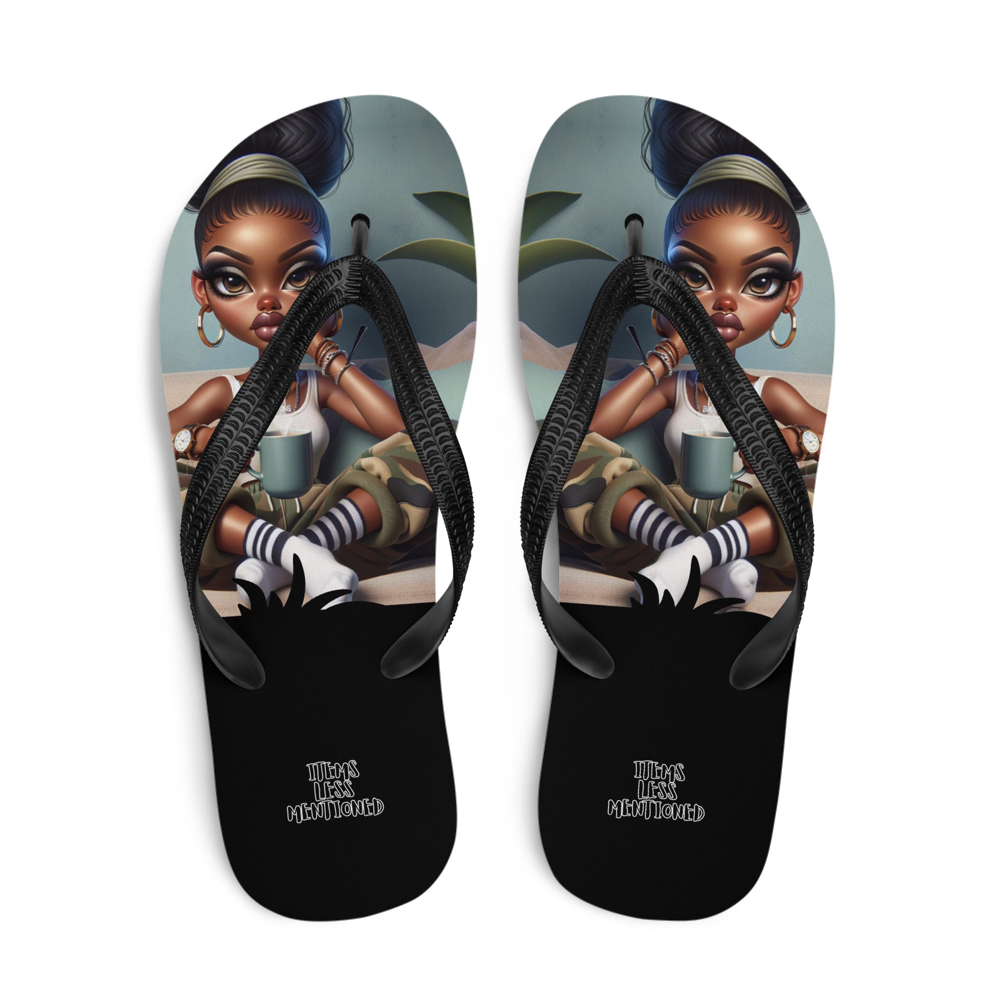 Couch Attitude Flip-Flops featuring faith-inspired art of a stylish Black woman with melanin-rich imagery, combining purpose-driven messaging and comfortable wear.