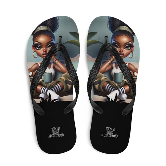Couch Attitude Flip-Flops featuring faith-inspired art of a stylish Black woman with melanin-rich imagery, combining purpose-driven messaging and comfortable wear.