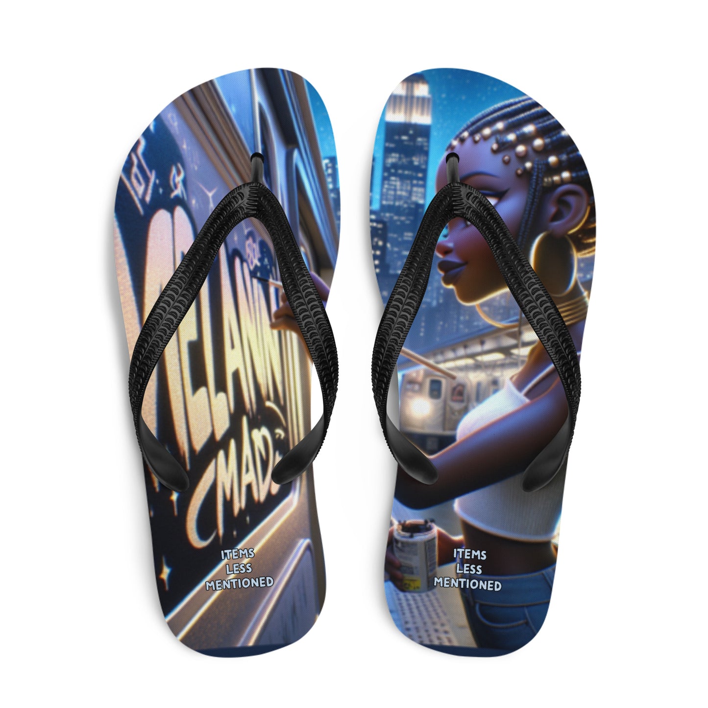 Pair of Flip-Flops – Melanin Made Graffiti featuring vibrant melanin-rich graffiti artwork of a confident Black woman painting bold letters at night, reflecting faith-inspired apparel and purpose-driven messaging.