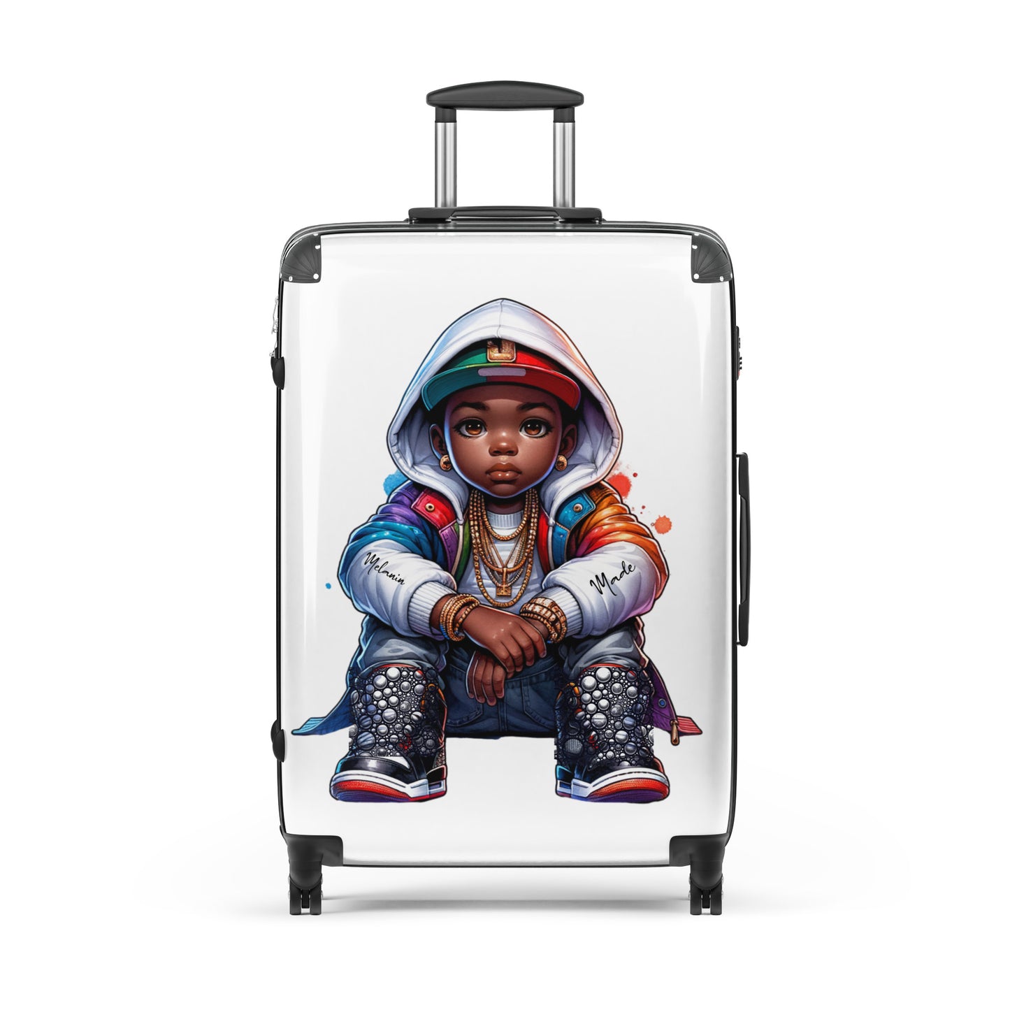 Nelli Rock Hard-Shell Suitcase featuring vibrant artwork of a stylish young Black boy wearing layered streetwear and jewelry, showcasing melanin-rich imagery with purpose-driven messaging.