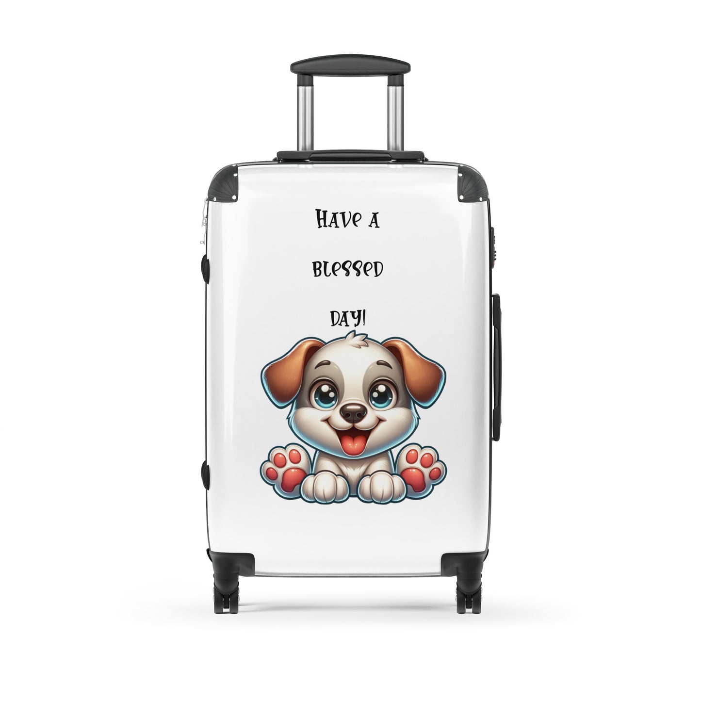 Have a Blessed Day Hard-Shell Suitcase featuring a cute puppy illustration and uplifting message, combining faith-inspired apparel and gifts with melanin-rich imagery and purpose-driven messaging.