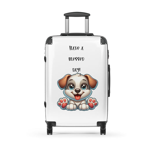 Have a Blessed Day Hard-Shell Suitcase featuring a cute puppy illustration and uplifting message, combining faith-inspired apparel and gifts with melanin-rich imagery and purpose-driven messaging.
