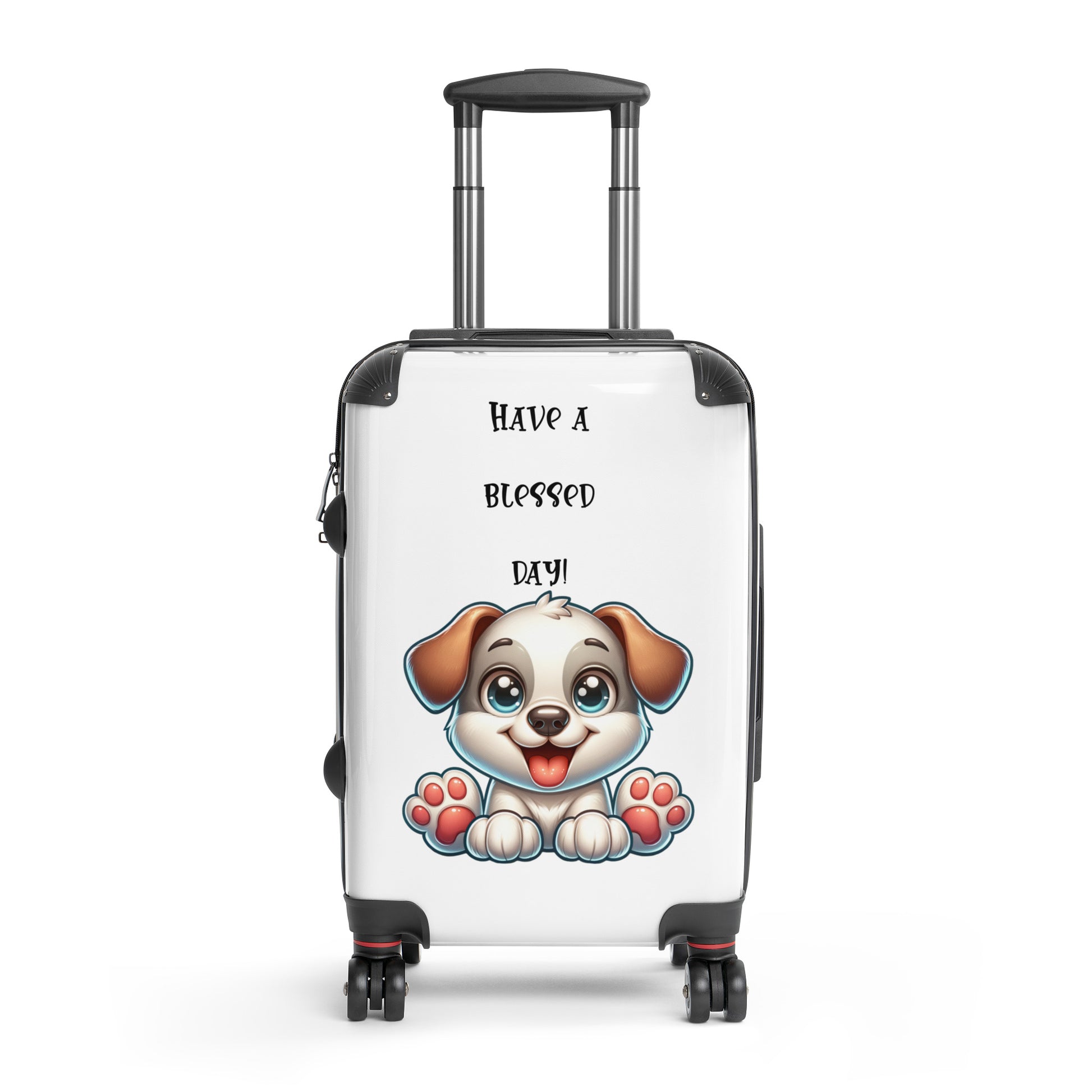 Have a Blessed Day Hard-Shell Suitcase featuring a cheerful cartoon puppy and inspiring faith-driven message, ideal for purpose-driven travel and gifts.