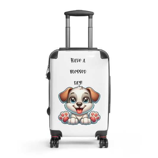 Have a Blessed Day Hard-Shell Suitcase featuring a cheerful cartoon puppy and inspiring faith-driven message, ideal for purpose-driven travel and gifts.