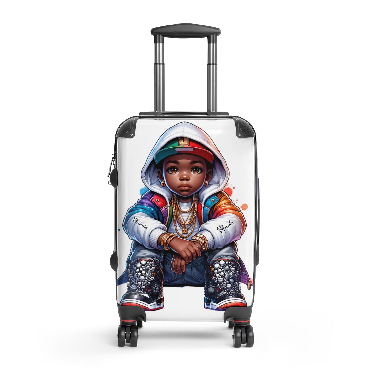 Front view of a Nelli Rock Hard-Shell Suitcase featuring a detailed illustration of a stylish young Black child wearing a hoodie, colorful jacket, chains, and sneakers, embodying melanin-rich imagery and purpose-driven messaging.