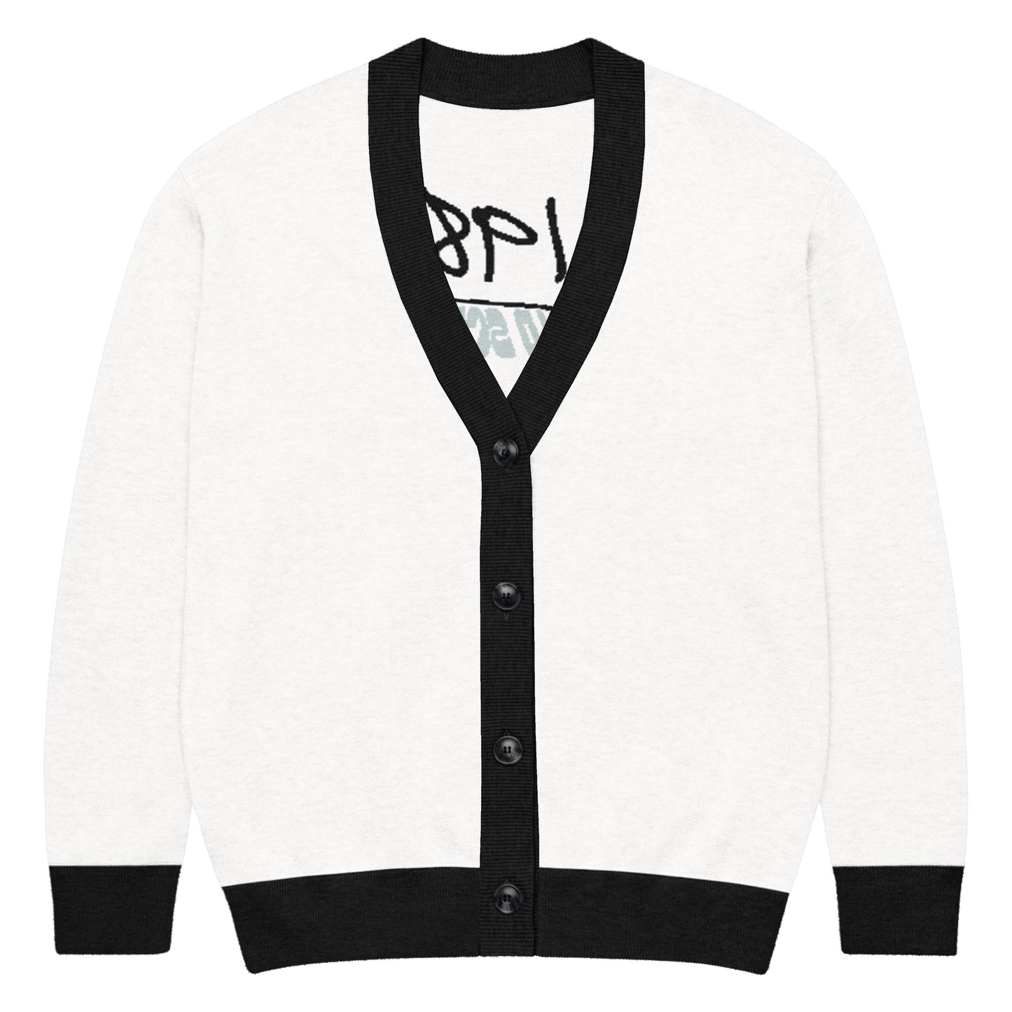 Knitted Cardigan – 1987 Rebel featuring a black and white color scheme, combining faith-inspired apparel with melanin-rich imagery and purpose-driven messaging for walk in purpose wear your faith style.