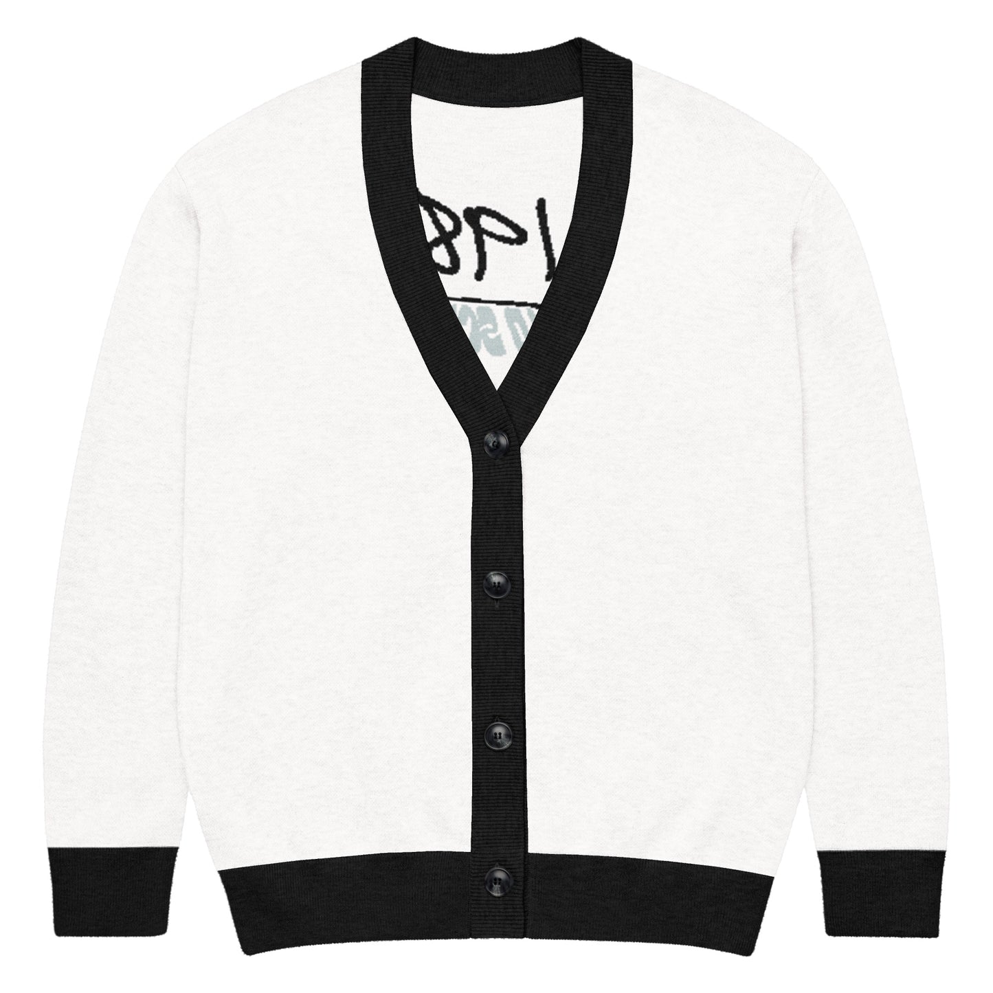 Knitted Cardigan – 1987 Rebel featuring a soft knit fabric in white with contrasting black trim and buttons, embodying faith-inspired apparel with purpose-driven messaging.