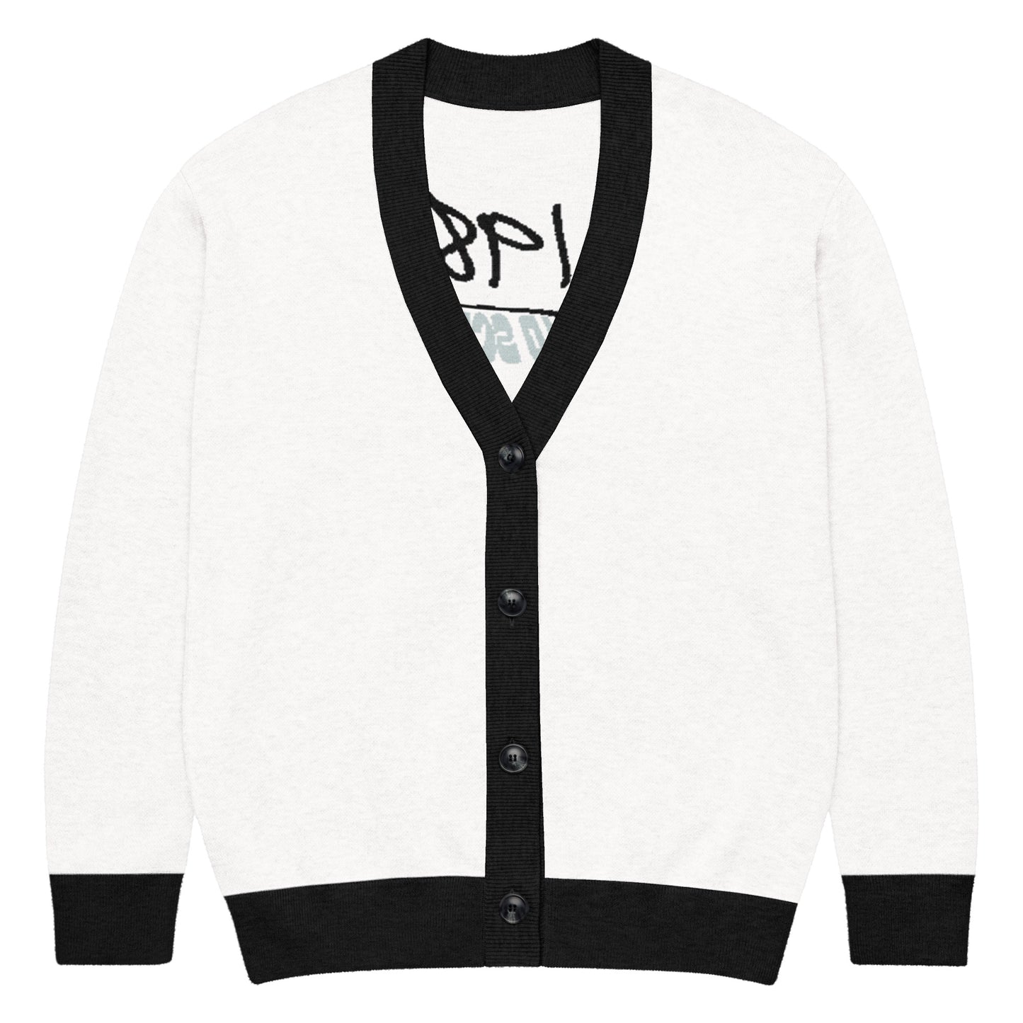 Unisex Knitted Cardigan – 1987 Rebel with black trim on cuffs, hem, and button placket, featuring faith-inspired apparel design with melanin-rich imagery and purpose-driven messaging.