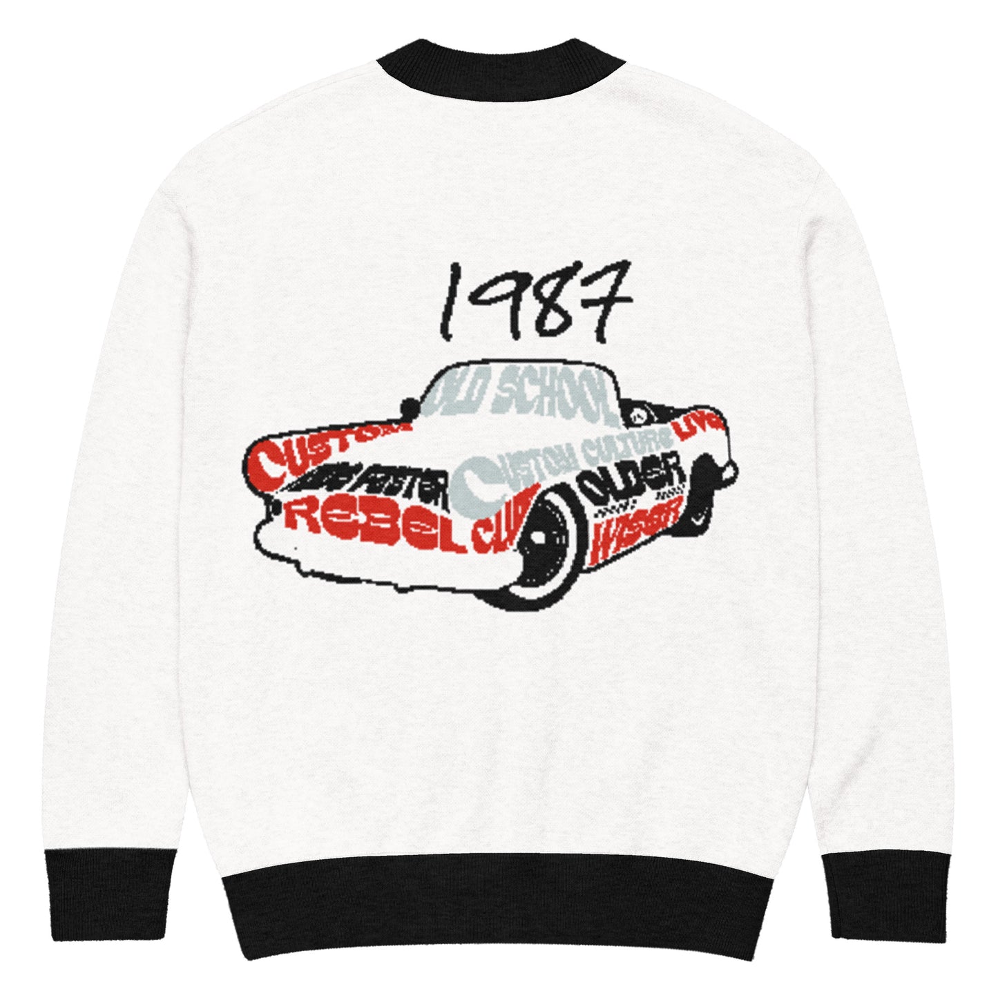 Back view of a white Knitted Cardigan – 1987 Rebel featuring a retro car illustration with words like rebel and custom in black and red, blending faith-inspired style and purpose-driven messaging.