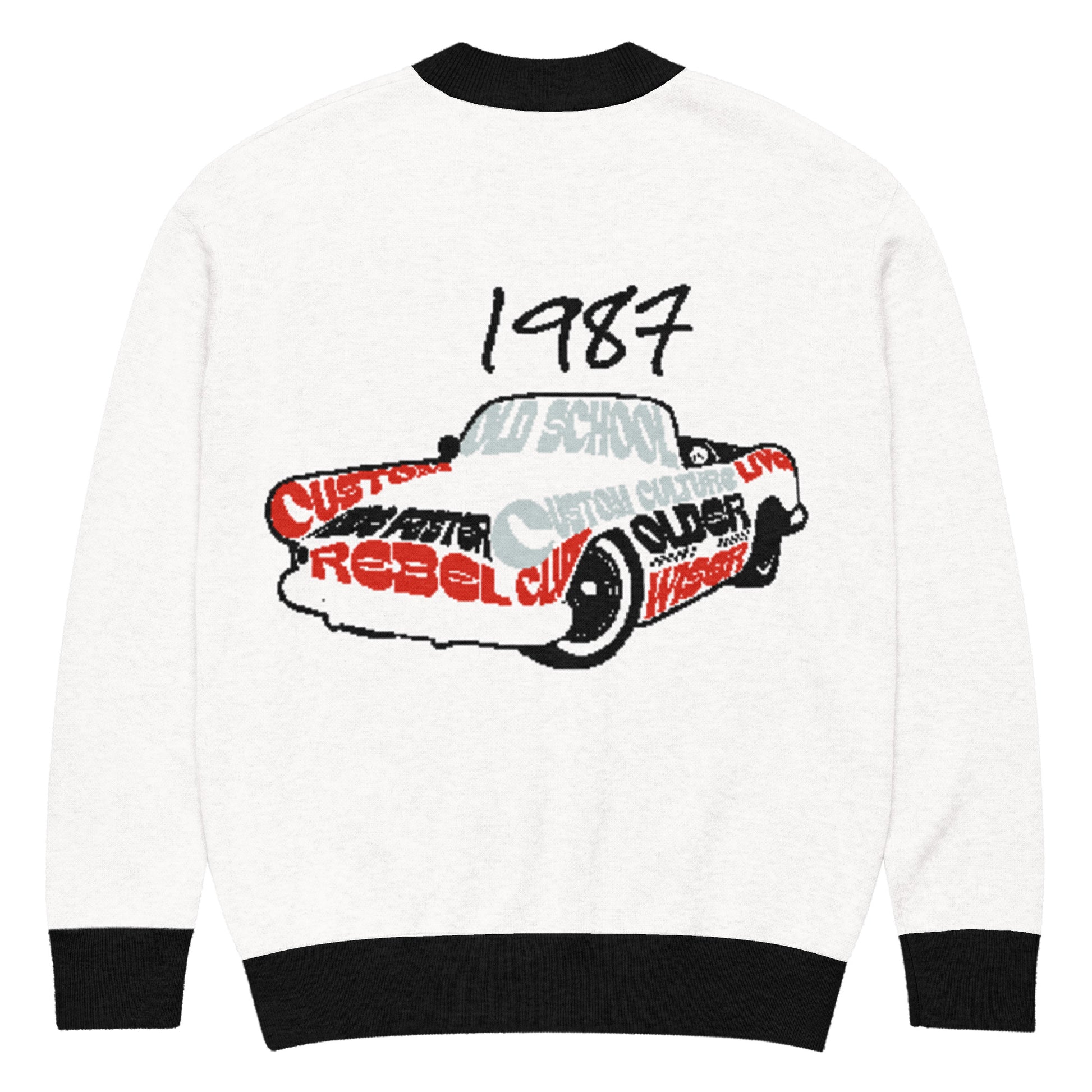 Back view of a white Knitted Cardigan – 1987 Rebel featuring a retro car illustration with words like rebel and custom in black and red, blending faith-inspired style and purpose-driven messaging.