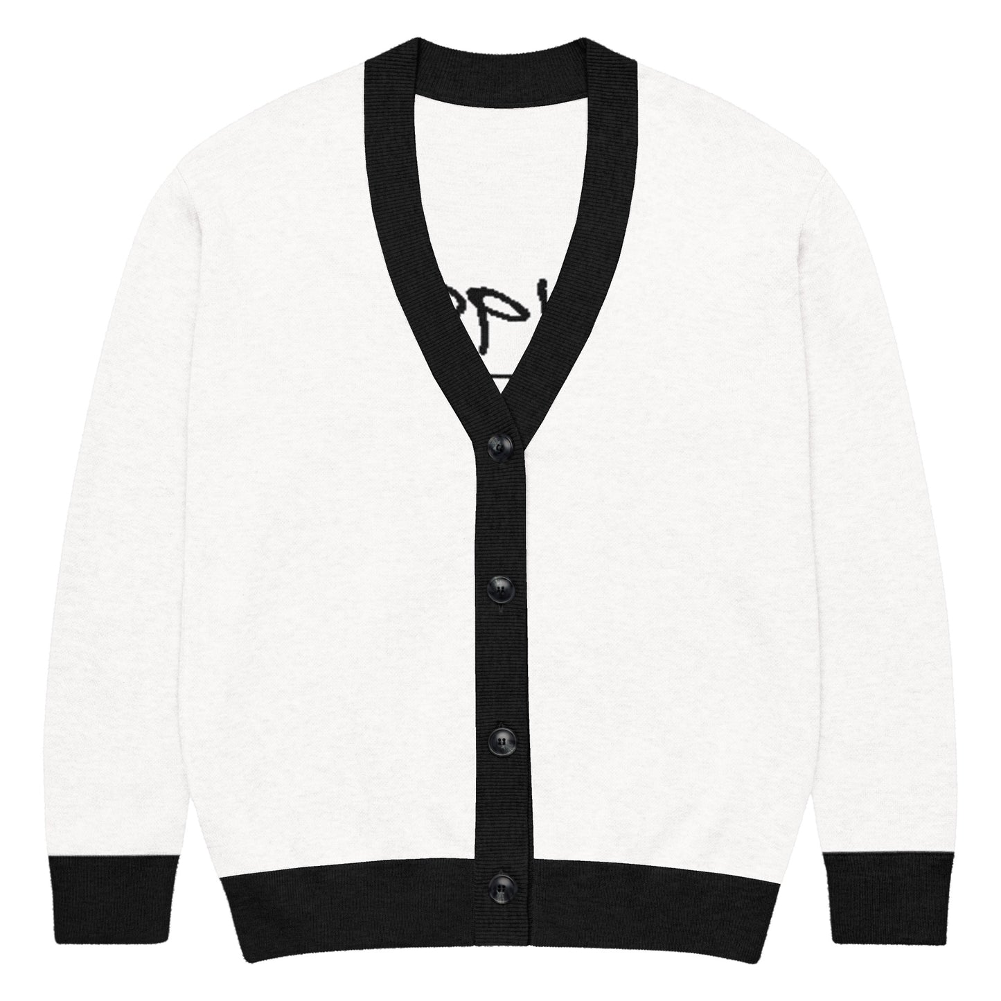 Unisex knitted cardigan in white with black trim featuring faith-inspired apparel style, melanin-rich imagery, and purpose-driven messaging. Knitted Cardigan – 1987 Rebel. Walk in purpose. Wear your faith.