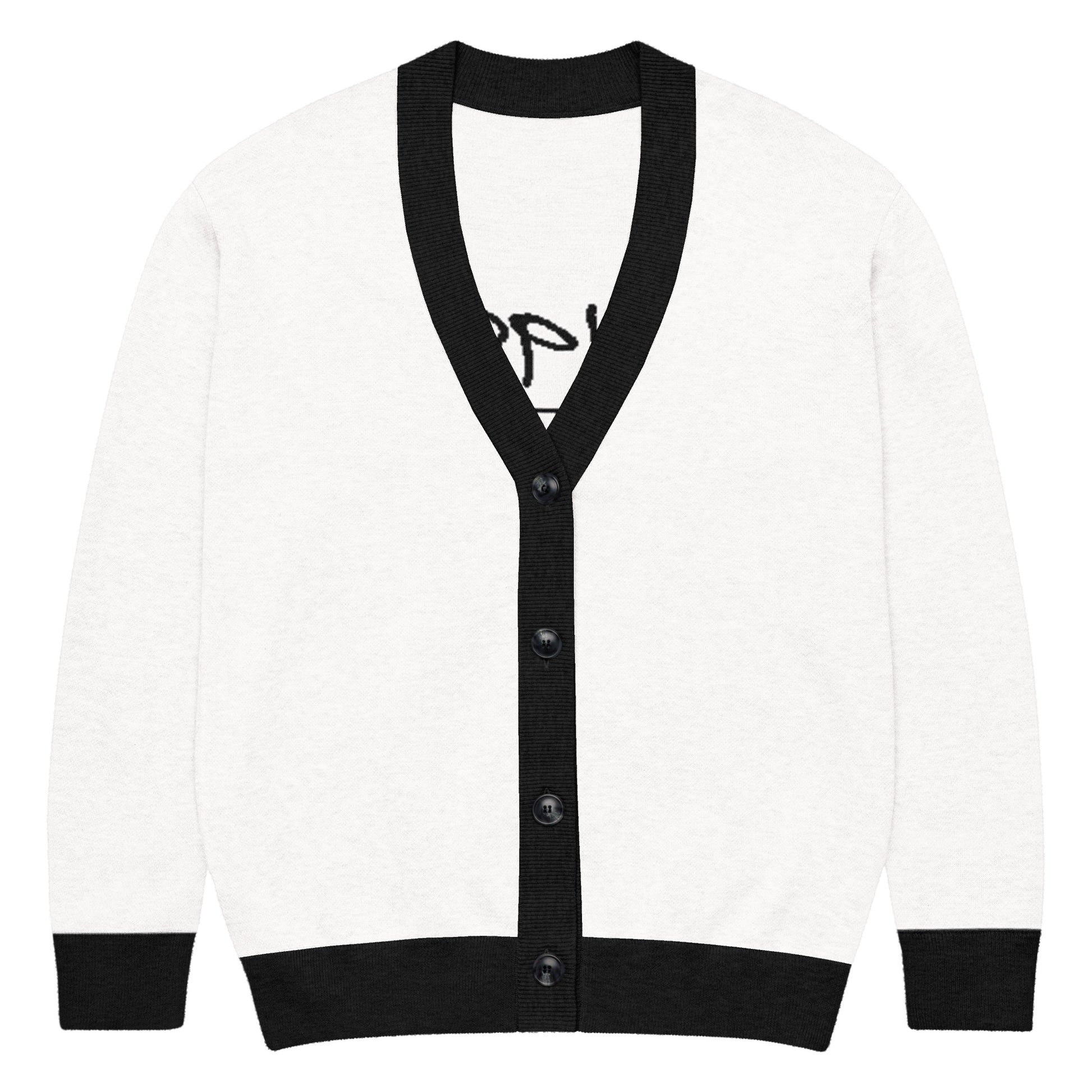 Unisex knitted cardigan in white with black trim featuring faith-inspired apparel style, melanin-rich imagery, and purpose-driven messaging. Knitted Cardigan – 1987 Rebel. Walk in purpose. Wear your faith.