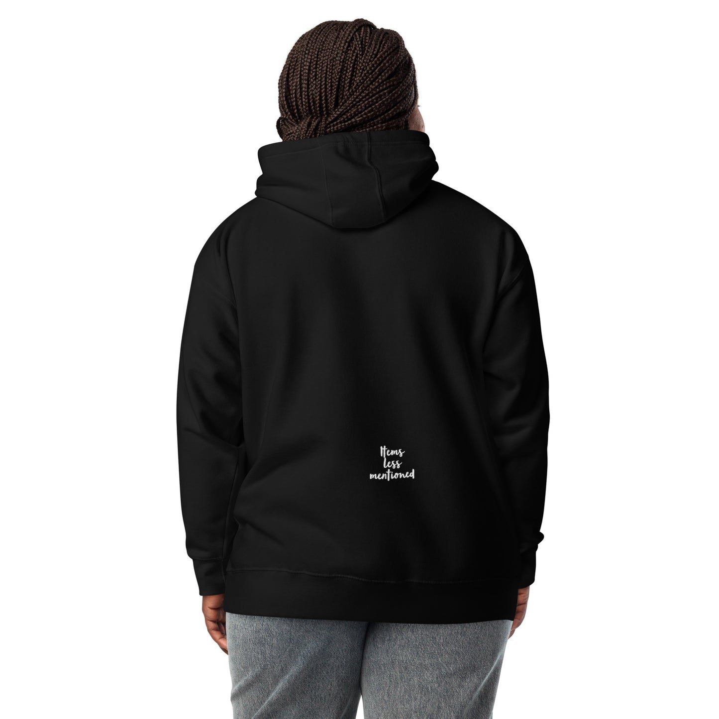 Person wearing a black Coffee Distressed Teddy Unisex Hoodie shown from the back with a small "Items Less Mentioned" logo near the bottom, paired with gray pants.