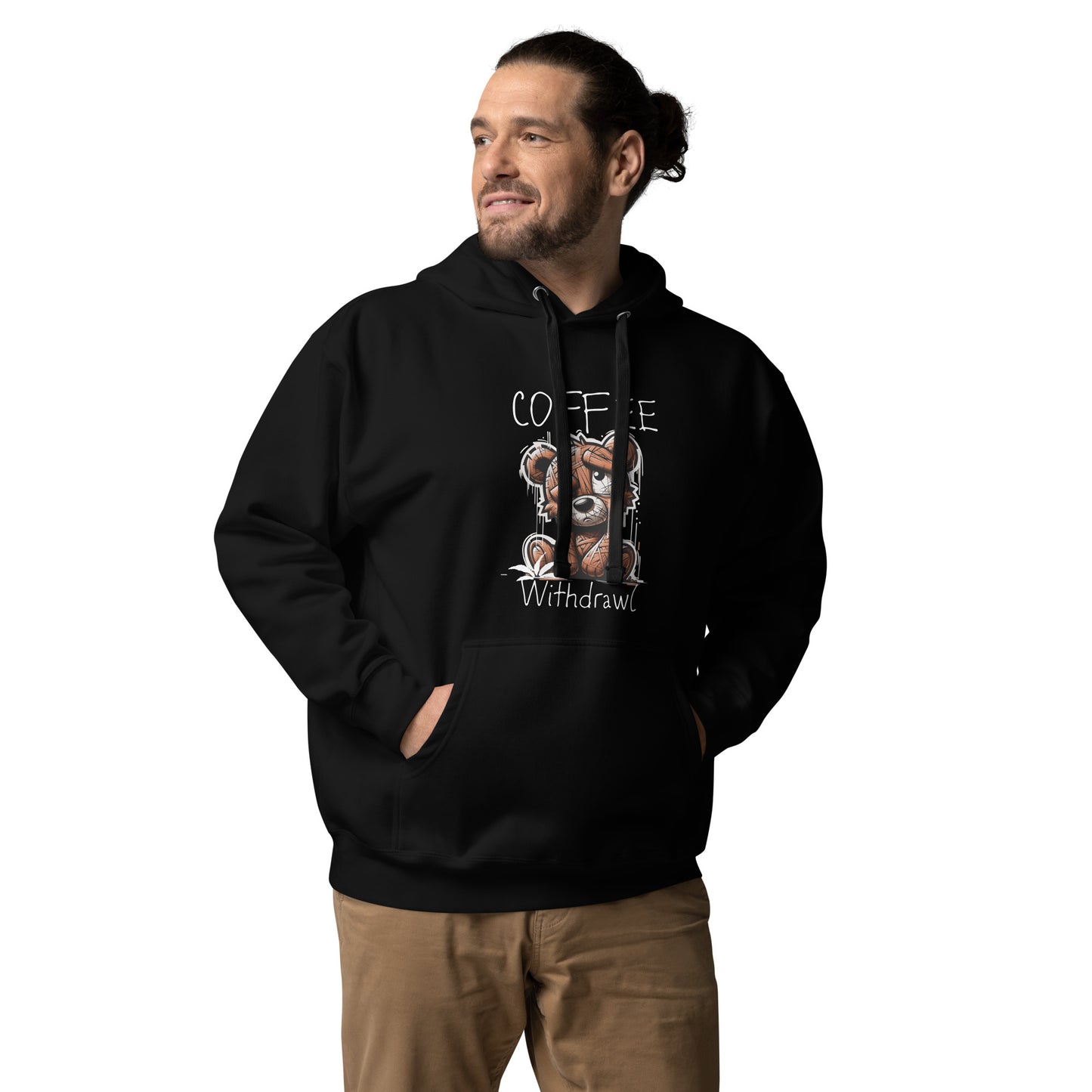 Man wearing a black Coffee Distressed Teddy Unisex Hoodie with a distressed teddy bear graphic and the text "Coffee Withdrawal," paired with tan pants, against a white background.