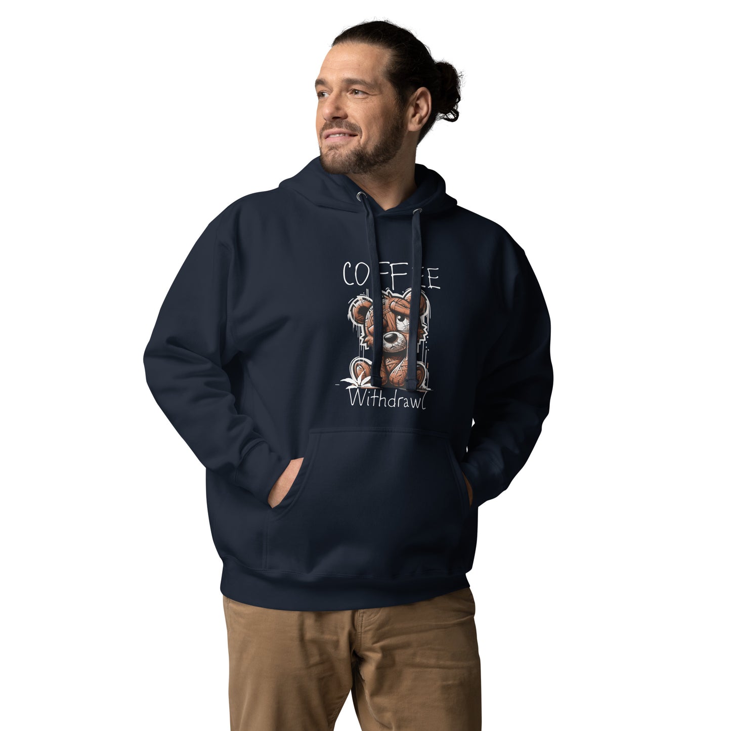 Man wearing a navy hoodie featuring a distressed teddy bear and the phrase "Coffee Withdrawl," styled as the Coffee Distressed Teddy Unisex Hoodie in casual apparel.