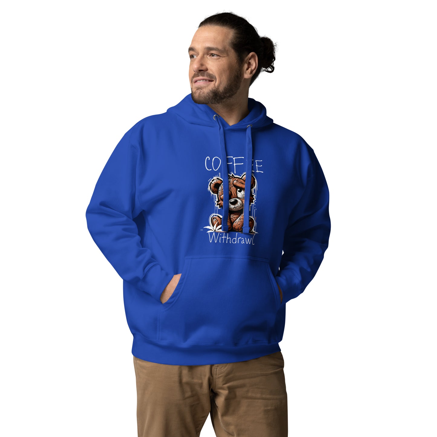 Man wearing a vibrant royal blue Coffee Distressed Teddy Unisex Hoodie featuring a distressed teddy bear graphic and “Coffee Withdrawal” text, paired with khaki pants.