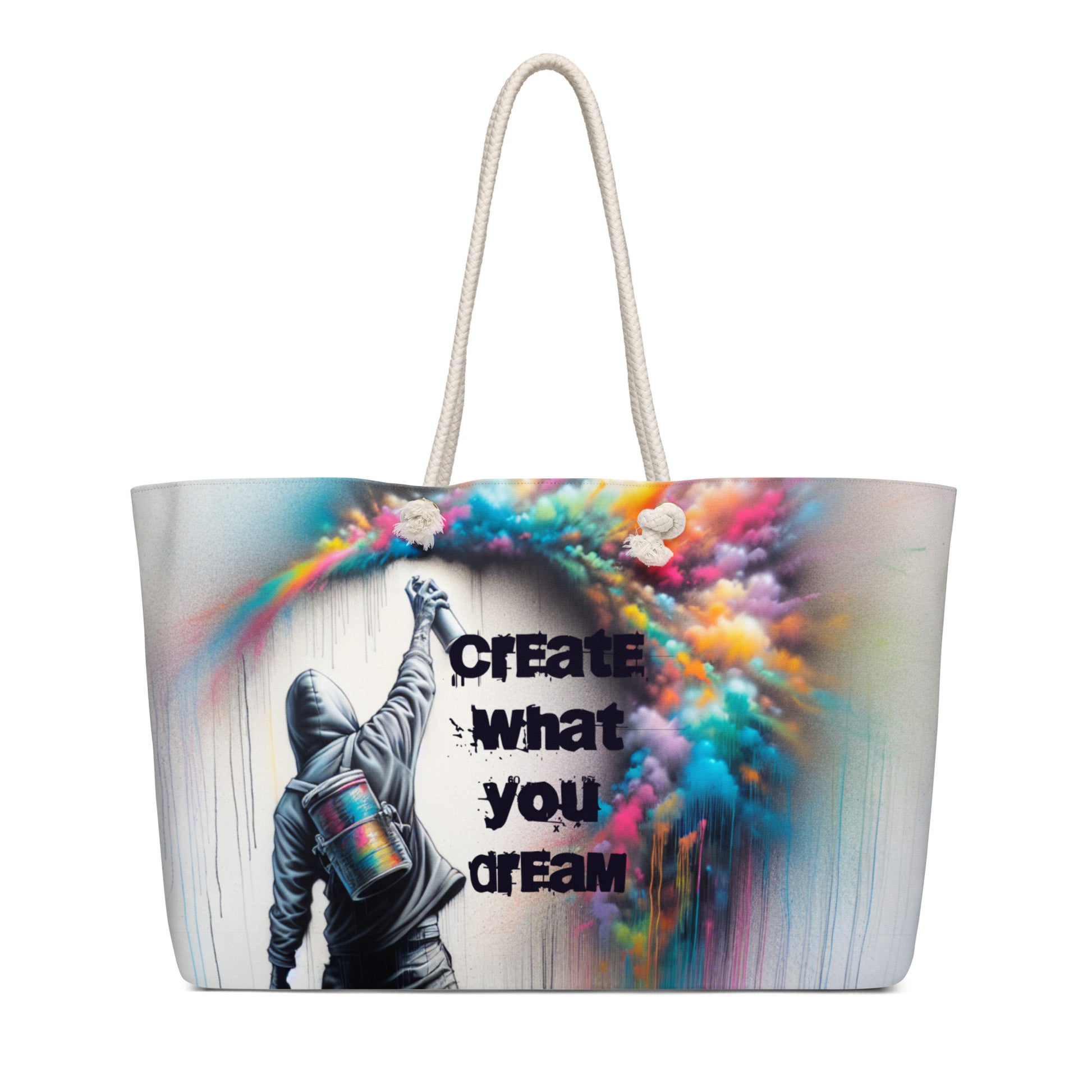 Tote Bag – Dream Big featuring vibrant street art of a figure spray painting the inspirational phrase "Create What You Dream" surrounded by a colorful burst, blending faith-inspired and purpose-driven messaging.