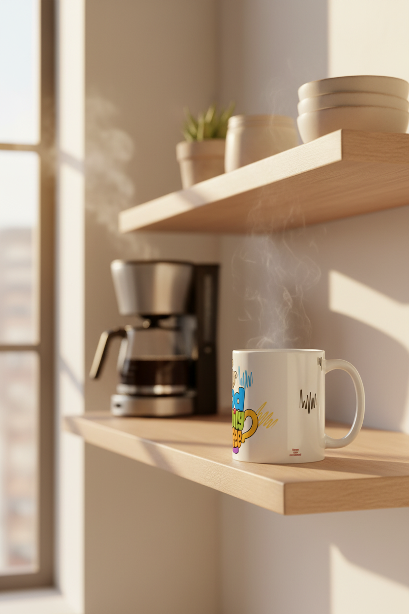 White Glossy Mug — Handle Right on Shelf