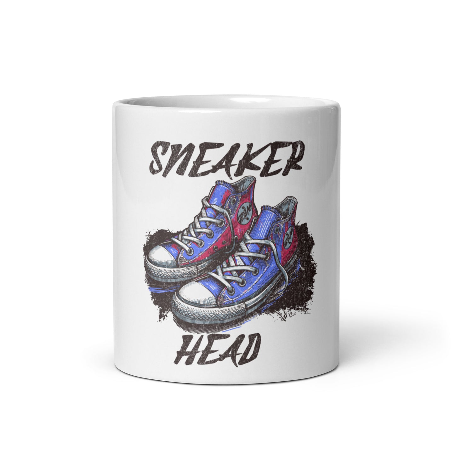 White glossy mug featuring a colorful sneaker illustration and text "Sneaker Head," part of the Mug – Built Different, Kicks Edition collection with faith-inspired, purpose-driven messaging.
