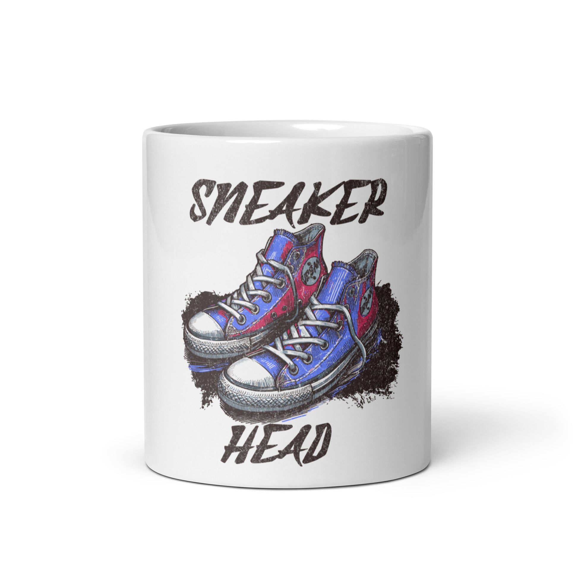 White glossy mug featuring a colorful sneaker illustration and text "Sneaker Head," part of the Mug – Built Different, Kicks Edition collection with faith-inspired, purpose-driven messaging.