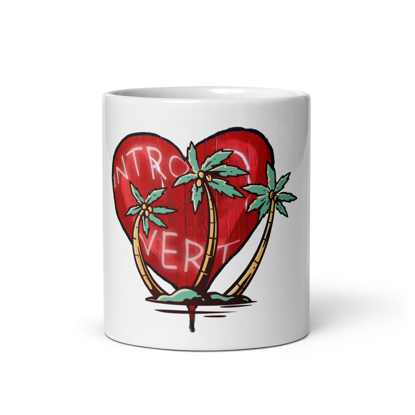 White glossy ceramic Mug – My Kind of Island featuring a red heart background with three palm trees and subtle faith-inspired, purpose-driven messaging in melanin-rich imagery style.