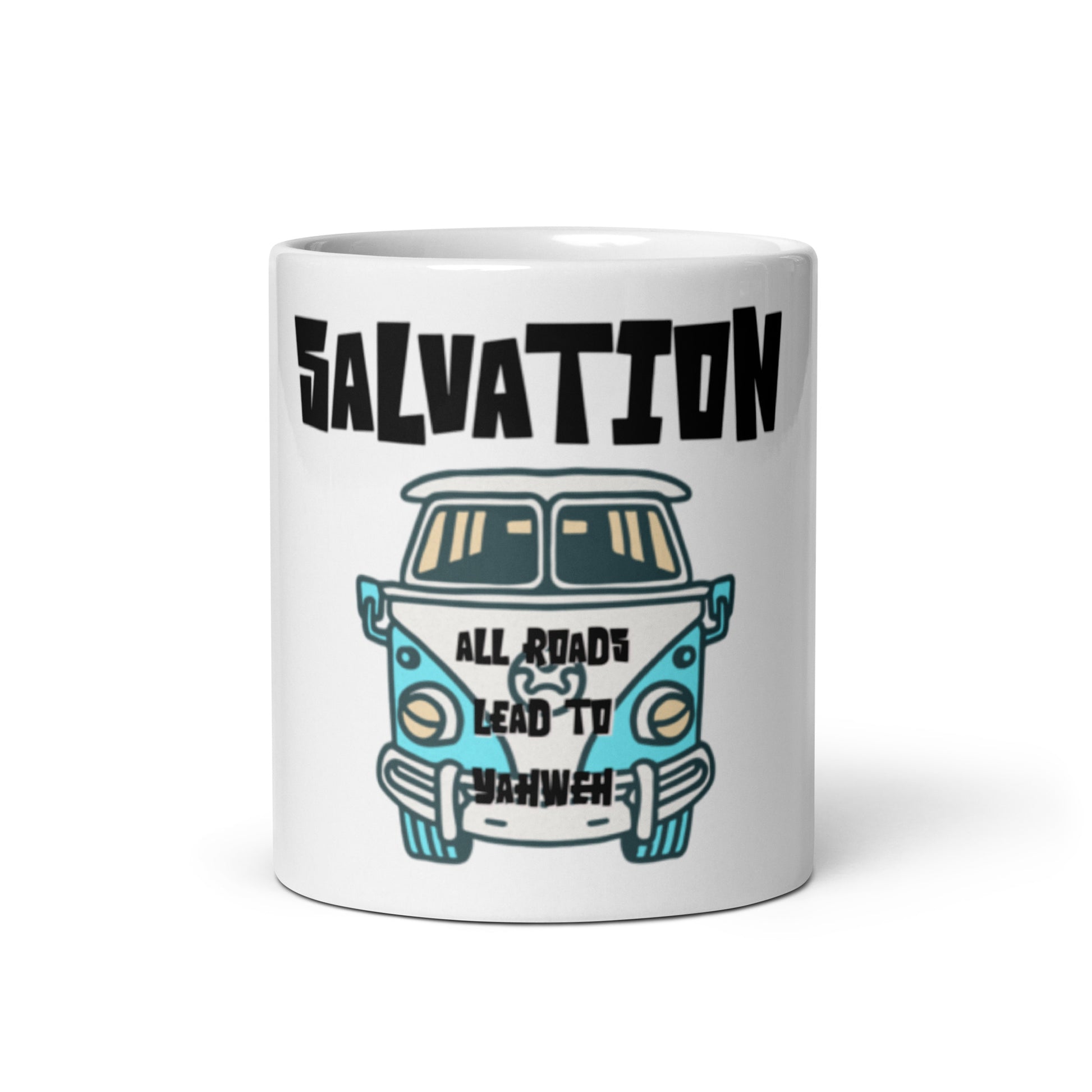 White glossy ceramic mug – All Roads Lead to Yahweh featuring a retro van illustration with bold "SALVATION" text, faith-inspired design with purpose-driven messaging.