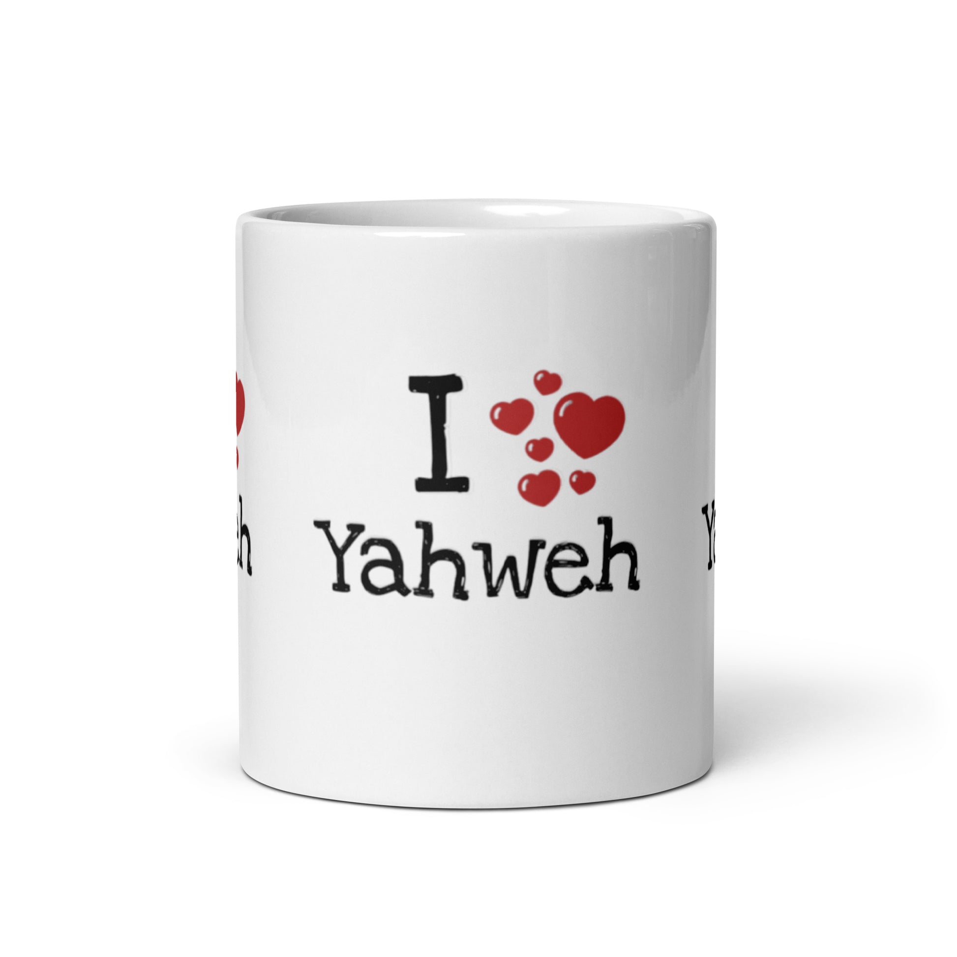 White glossy ceramic Mug – I Yahweh featuring a bold, faith-inspired message with red heart designs, perfect for inspirational gifts and purpose-driven faith expression.