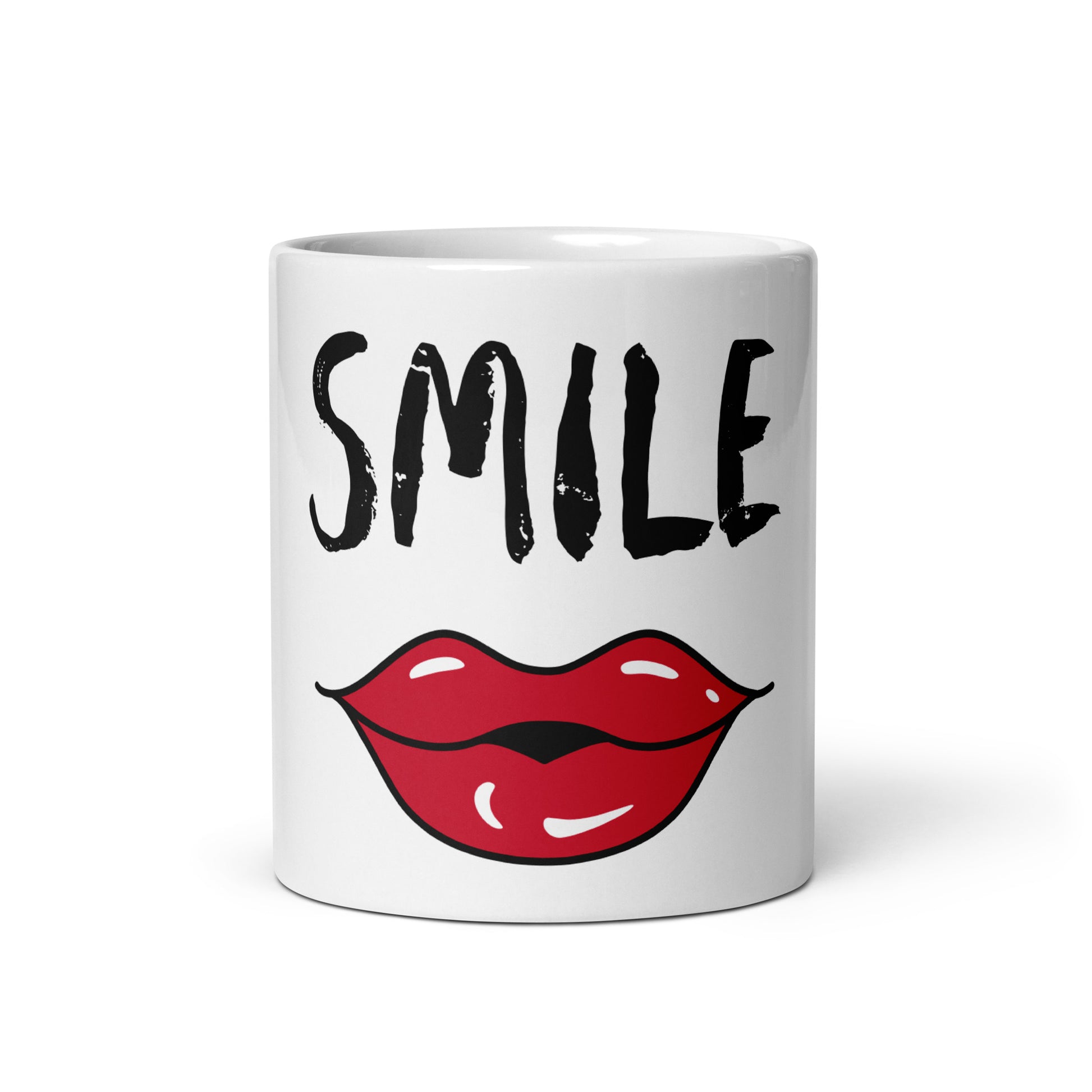 White glossy ceramic mug featuring the word Smile above a bold graphic of red lips, designed as the Smile – Red Lips Mug for inspiring drinks moments.