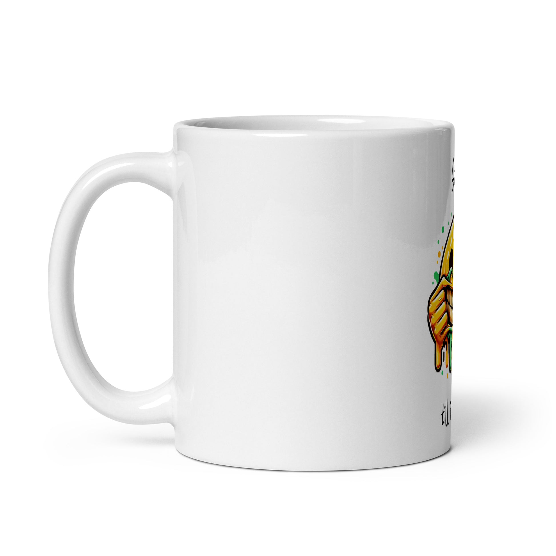 White glossy ceramic mug with handle on the left featuring a colorful design and the phrase "Mug – Everything Is Fine," part of faith-inspired apparel and gifts with purpose-driven messaging.