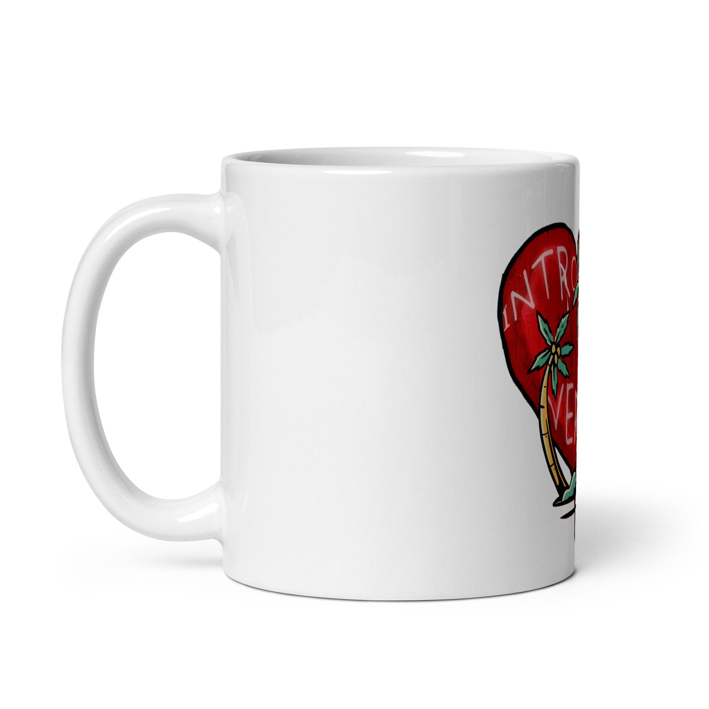 White glossy ceramic mug with handle on the left side featuring a colorful design and text, part of the Mug – My Kind of Island collection, perfect as an inspirational faith-inspired gift.