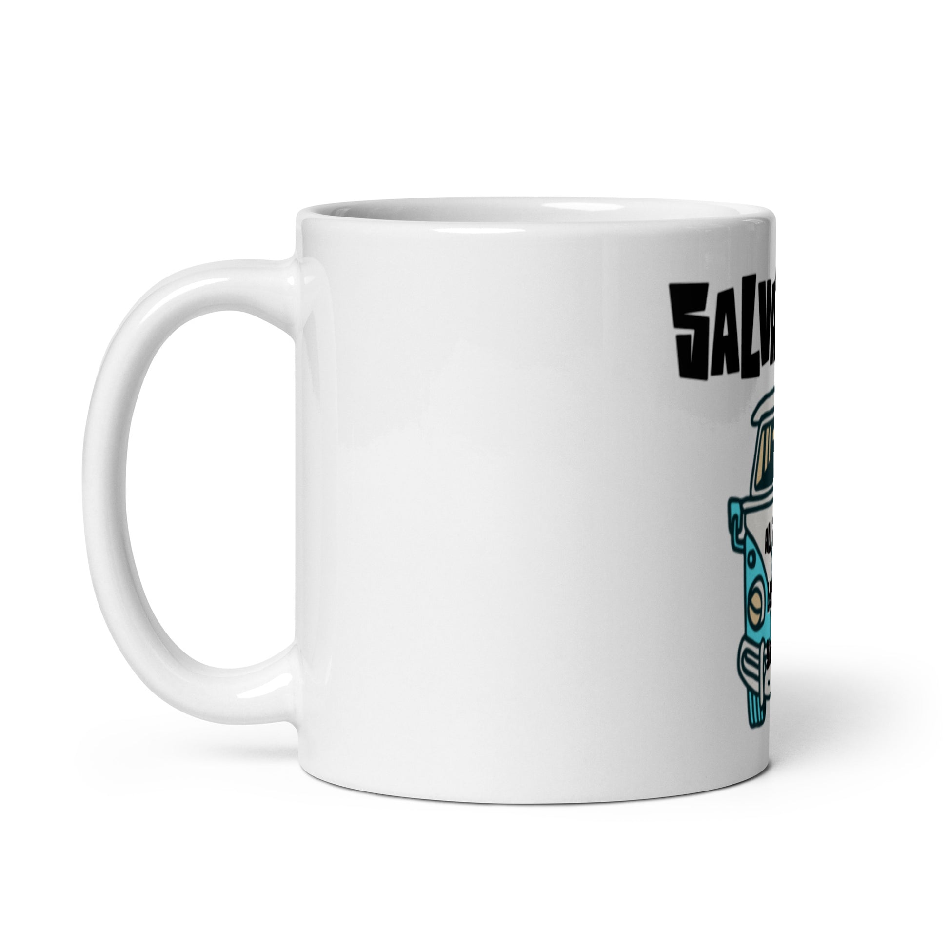 White glossy ceramic mug with handle on the left, featuring part of a colorful design, representing the Mug – All Roads Lead to Yahweh with faith-inspired, purpose-driven messaging.