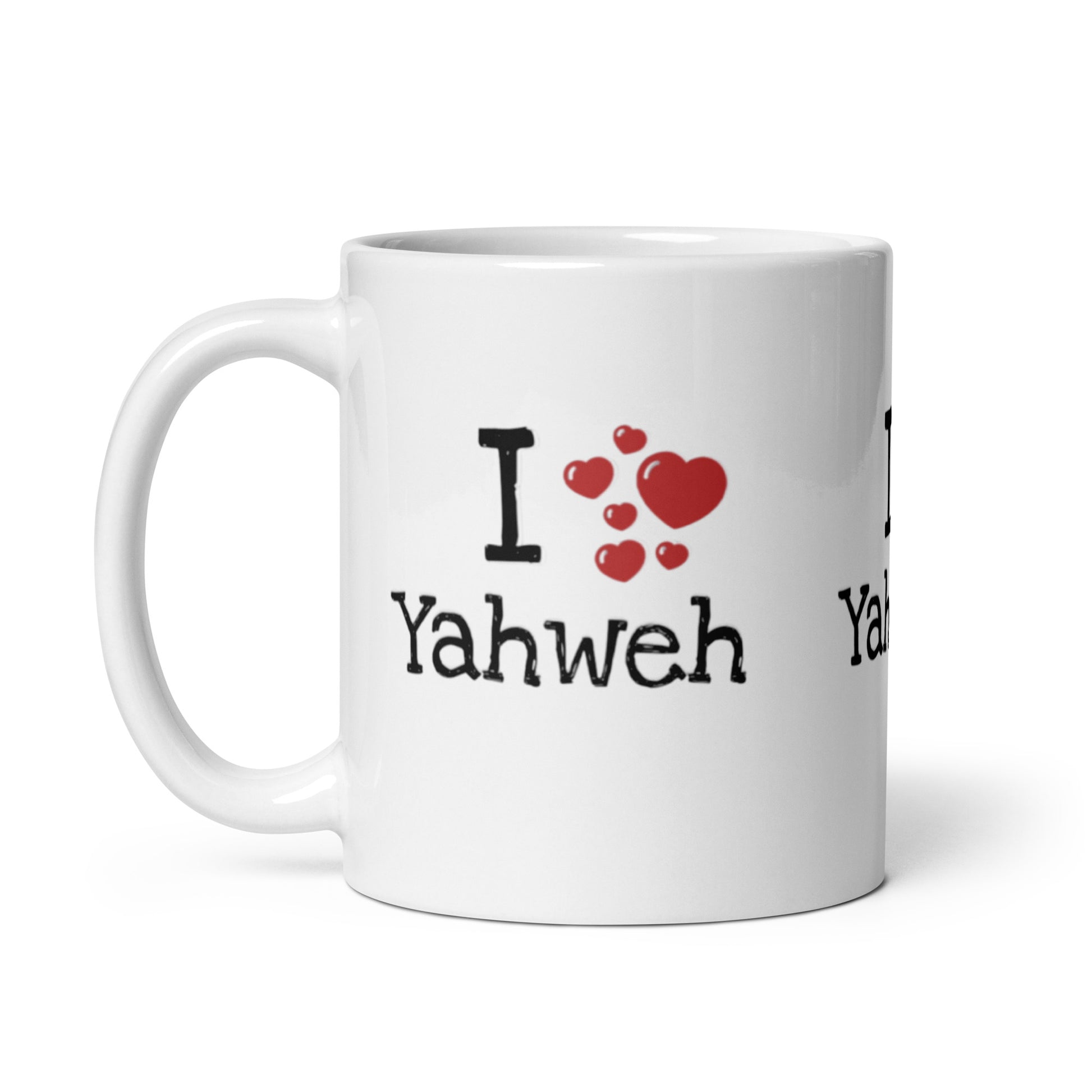 White glossy ceramic Mug – I Yahweh with black text and red heart graphics, faith-inspired design promoting purpose-driven messaging and melanin-rich imagery.