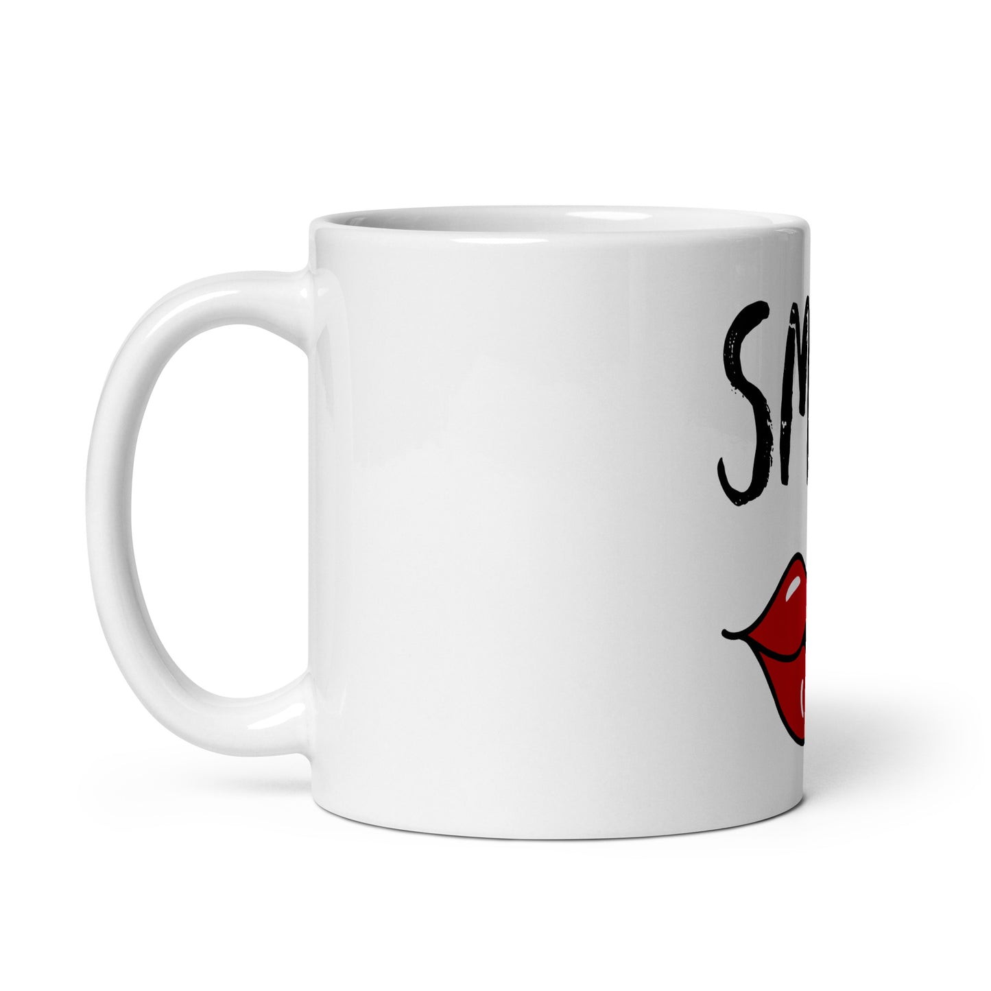 White glossy ceramic mug with handle on the left, featuring a red lips graphic and the text "Smile" in bold letters, named Smile – Red Lips Mug