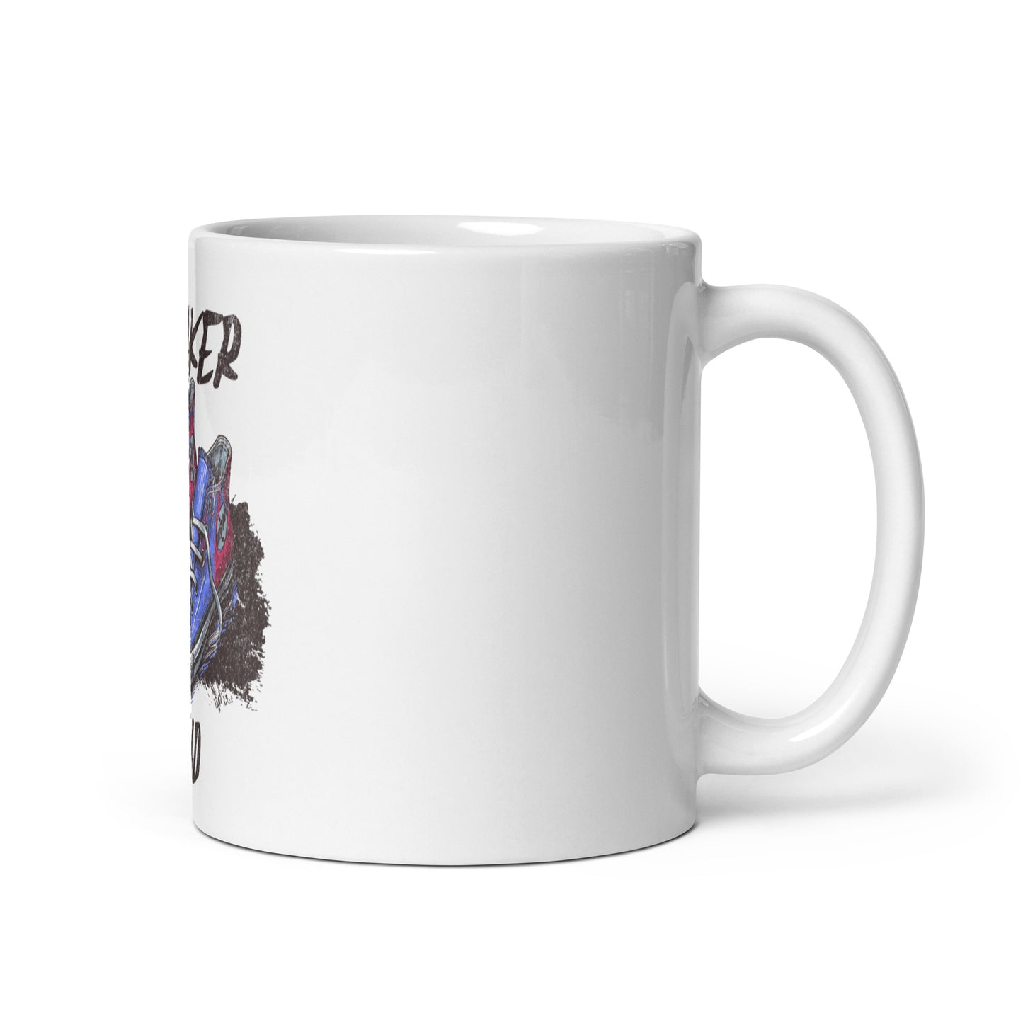 White glossy ceramic Mug – Built Different, Kicks Edition with handle on the right, featuring vibrant melanin-rich sneaker artwork and purpose-driven faith-inspired messaging.