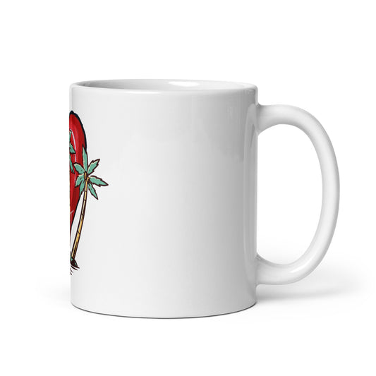White glossy ceramic Mug – My Kind of Island with a tropical palm tree and heart design, showcasing faith-inspired messaging and melanin-rich imagery for inspirational gifting.