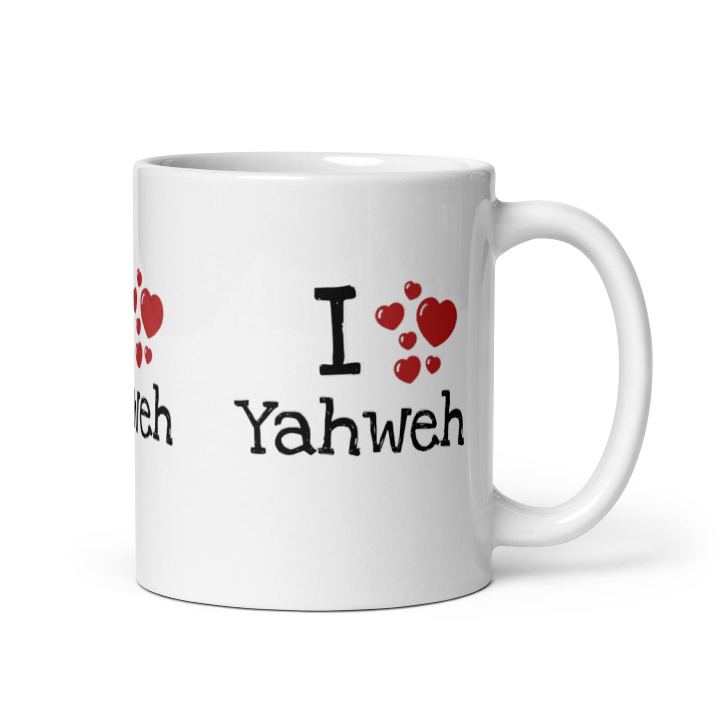 White glossy ceramic Mug – I Yahweh with black text and red heart designs, a faith-inspired mug featuring purpose-driven messaging for inspirational Christian gifts.