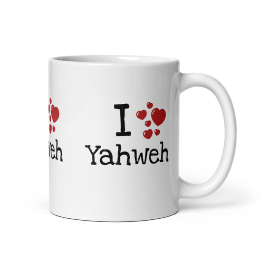 White glossy ceramic Mug – I Yahweh with black text and red heart designs, a faith-inspired mug featuring purpose-driven messaging for inspirational Christian gifts.