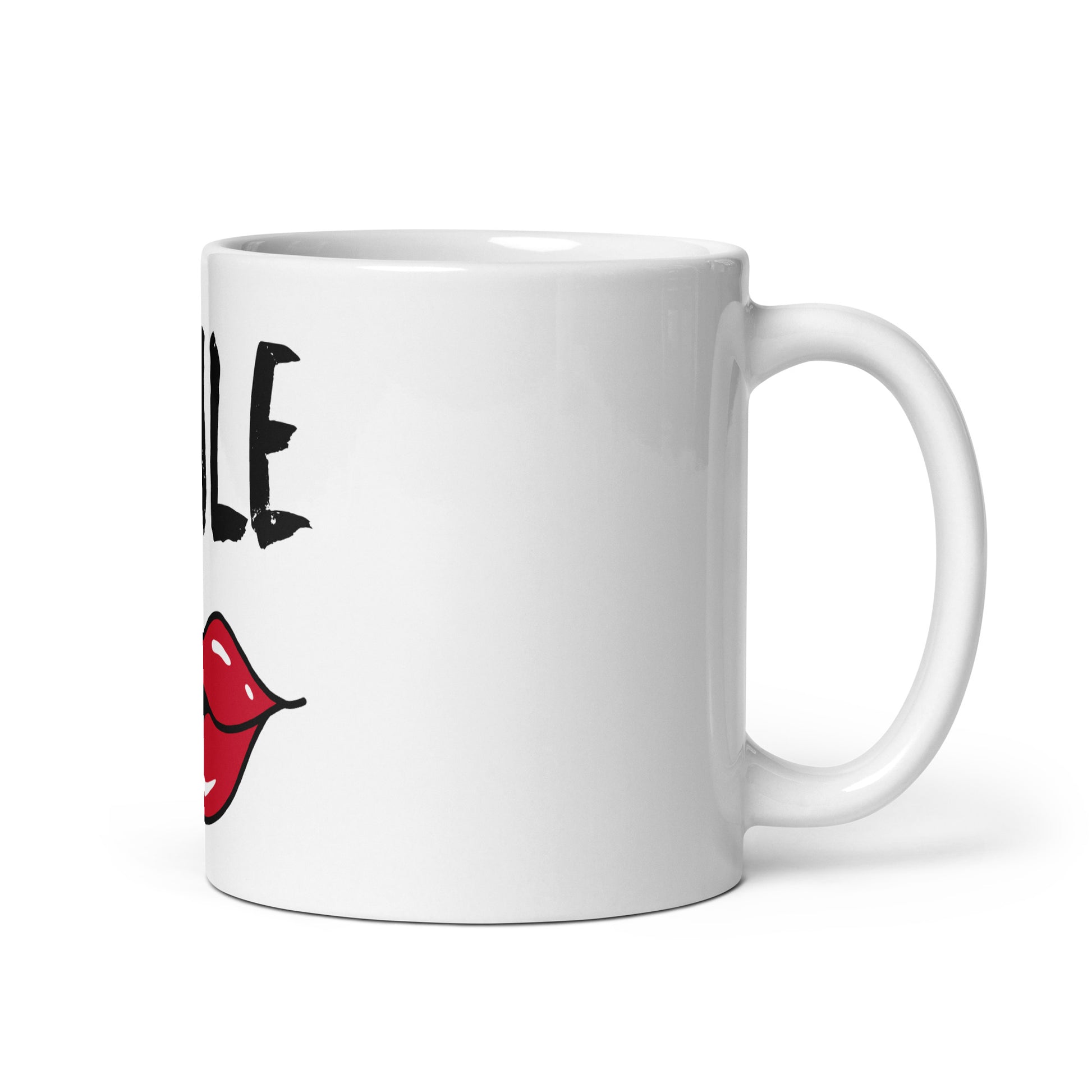 White glossy ceramic mug with handle on right side featuring a partial design of red lips and black text, Smile – Red Lips Mug, perfect for inspirational gifts or home decor.