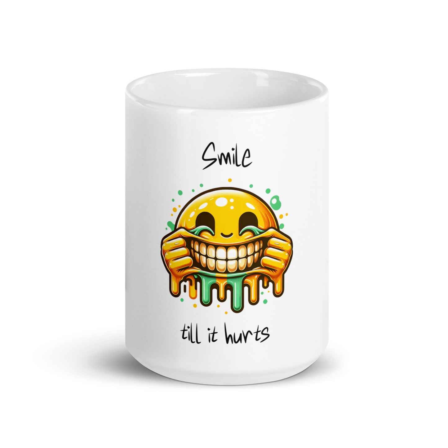 White glossy mug featuring a vibrant melting smiley face with the phrase "Smile till it hurts," designed as a faith-inspired item from the Mug – Everything Is Fine collection.