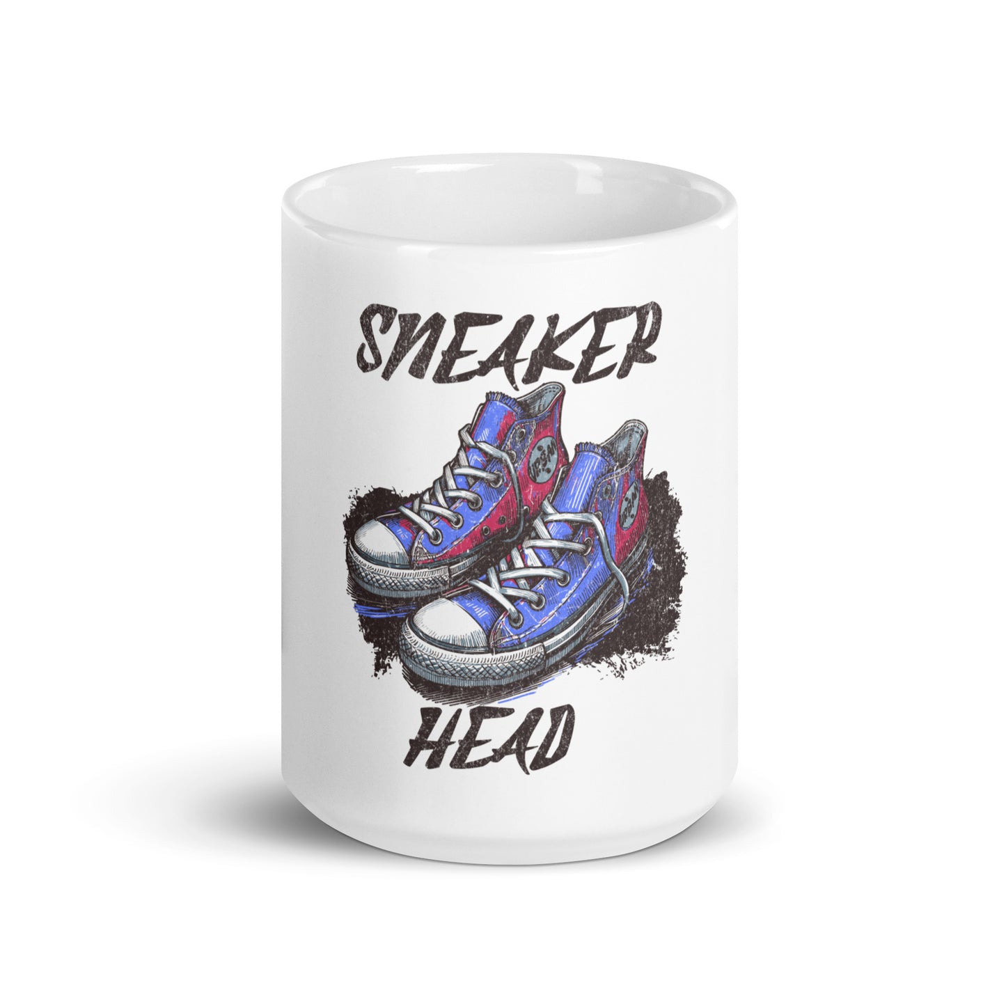 White glossy ceramic Mug – Built Different, Kicks Edition featuring a colorful sneaker head design with blue and red sneakers, blending faith-inspired and purpose-driven messaging.