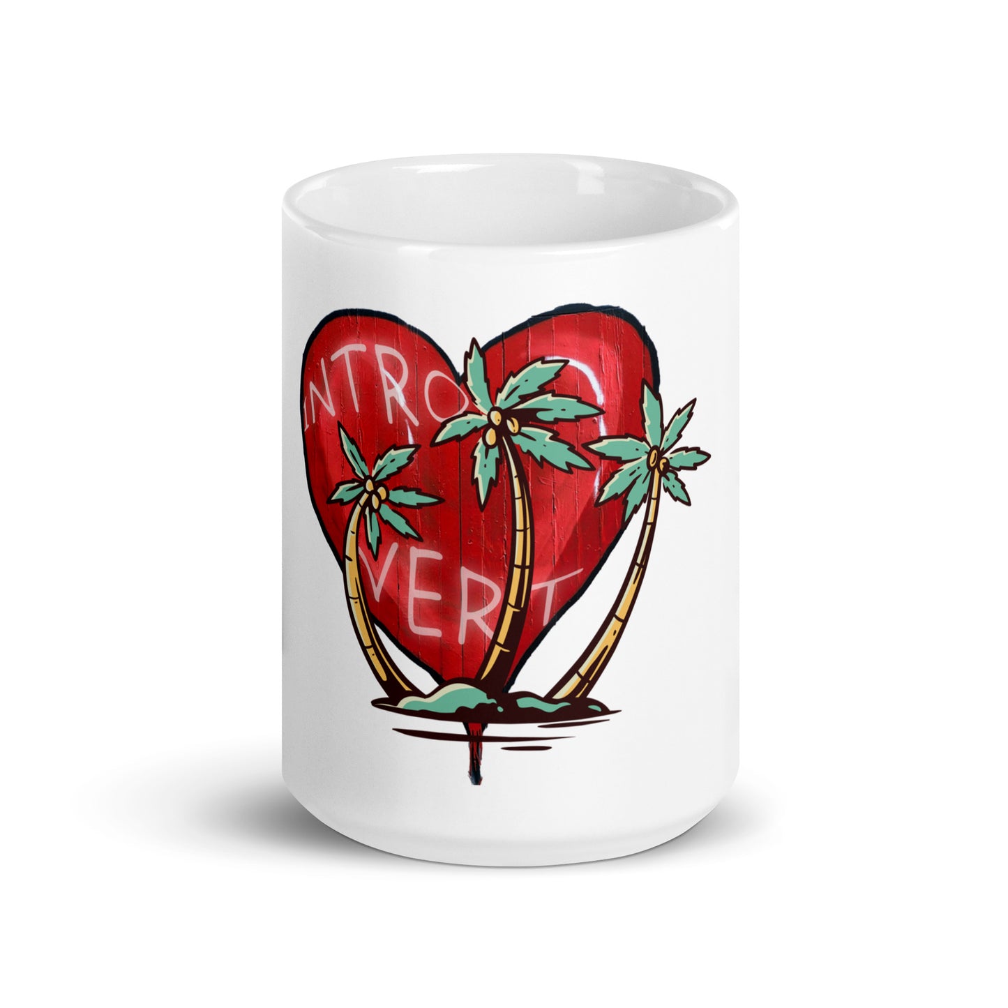 White glossy ceramic Mug – My Kind of Island featuring a red heart with palm trees and the word introvert, blending faith-inspired and melanin-rich imagery with purpose-driven messaging.
