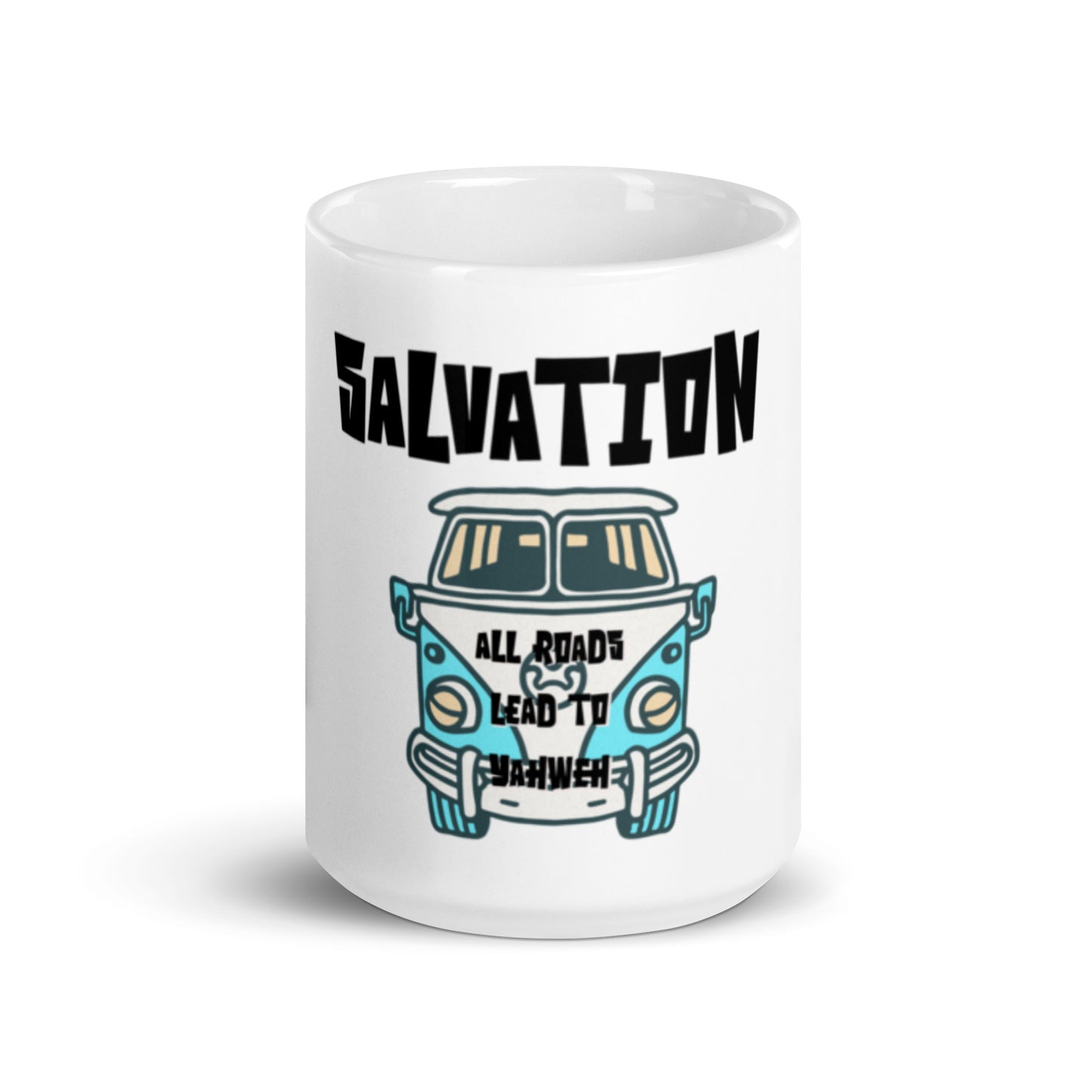 White glossy mug featuring a vintage van illustration with the word Salvation and the phrase Mug – All Roads Lead to Yahweh, faith-inspired design with purpose-driven messaging.