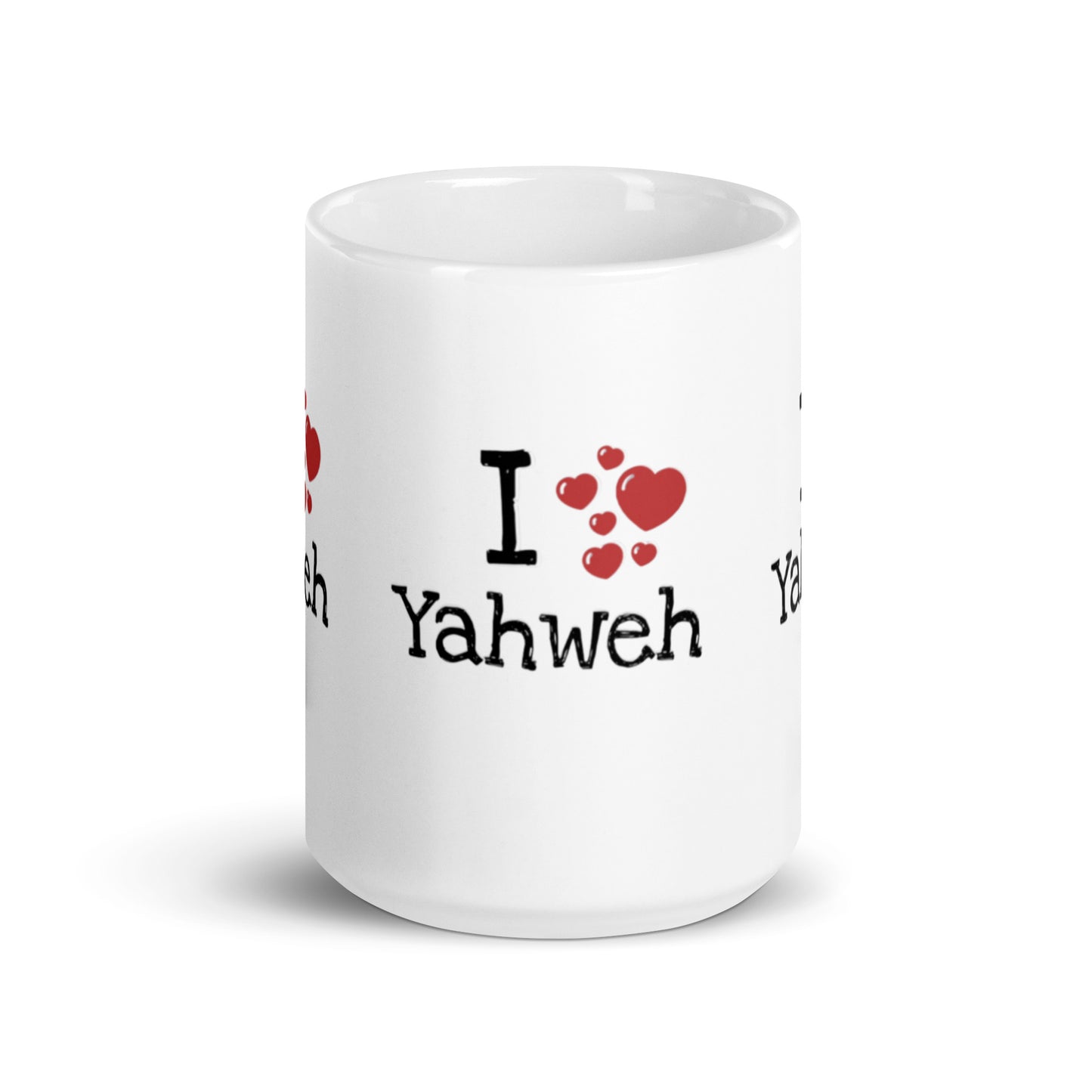 White glossy ceramic Mug – I Yahweh featuring a bold black text design with red heart graphics, perfect for faith-inspired gifts and inspirational home decor.